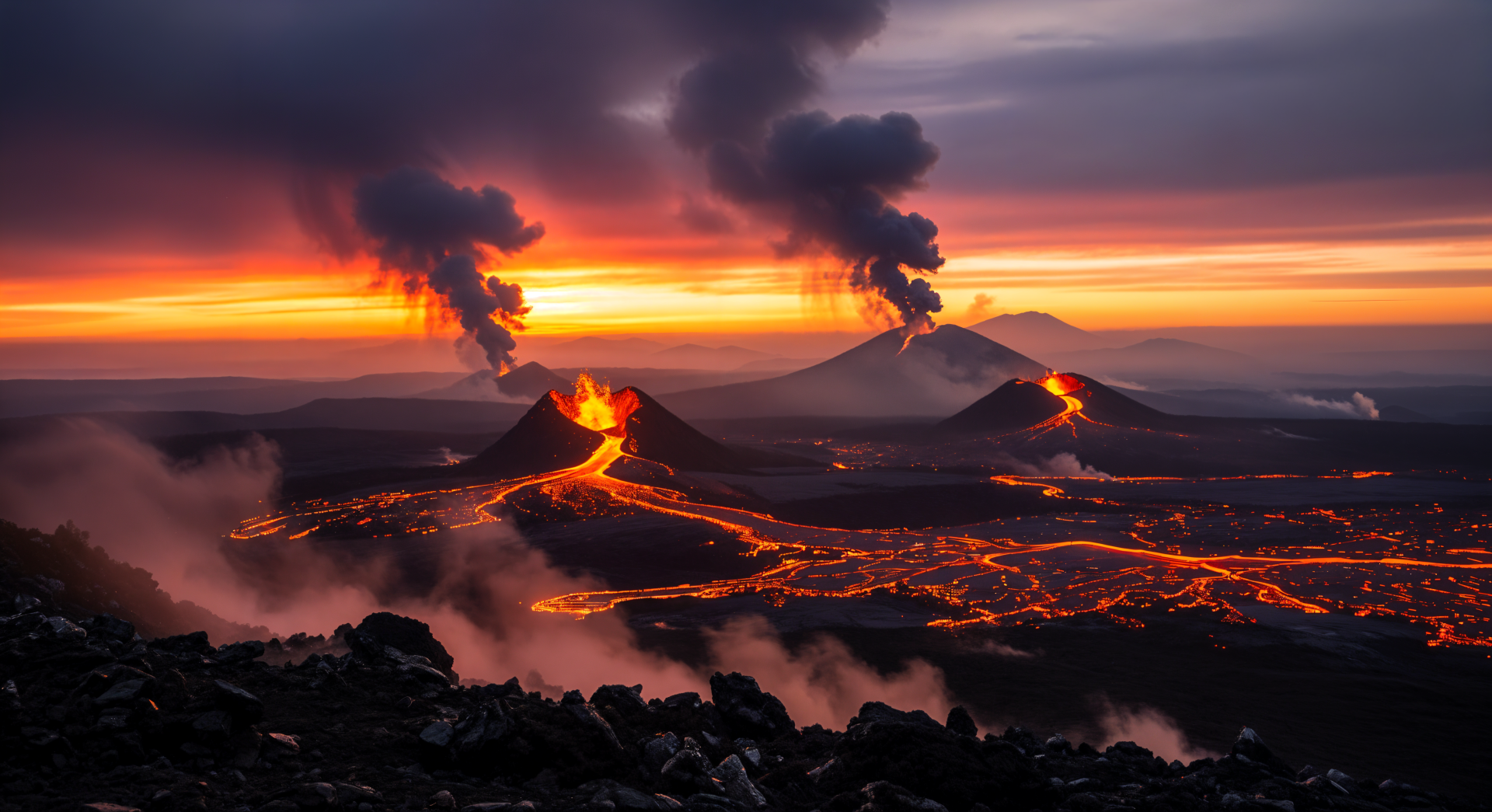 4K Ultra HD PC desktop wallpaper: dramatic volcanic landscape at dusk with erupting volcanoes, glowing lava rivers and smoke plumes under a fiery orange and purple sky.