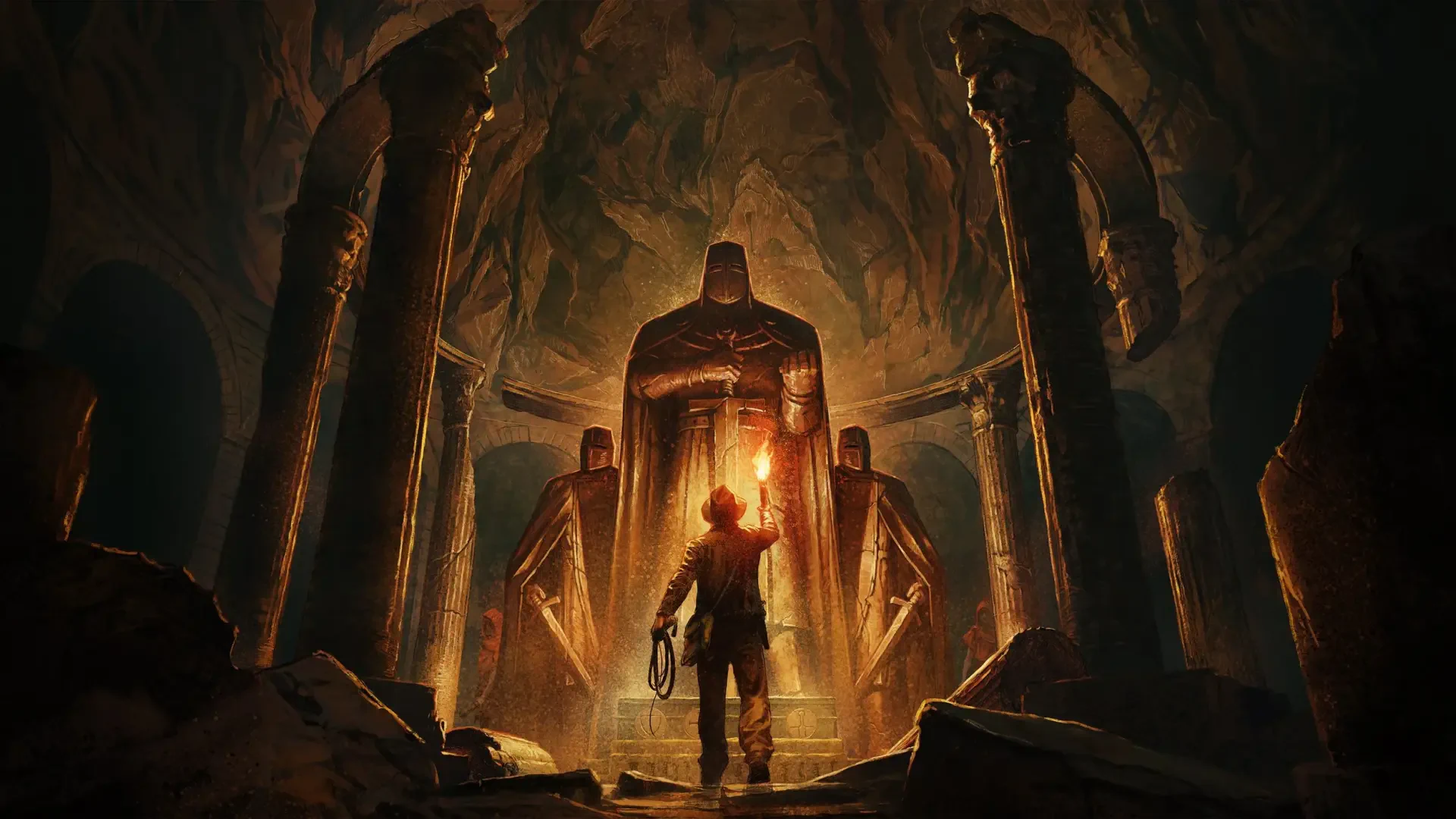 HD PC desktop wallpaper: scene from the video game Indiana Jones and the Great Circle — an explorer with a torch faces towering ancient statues in a glowing cavern.