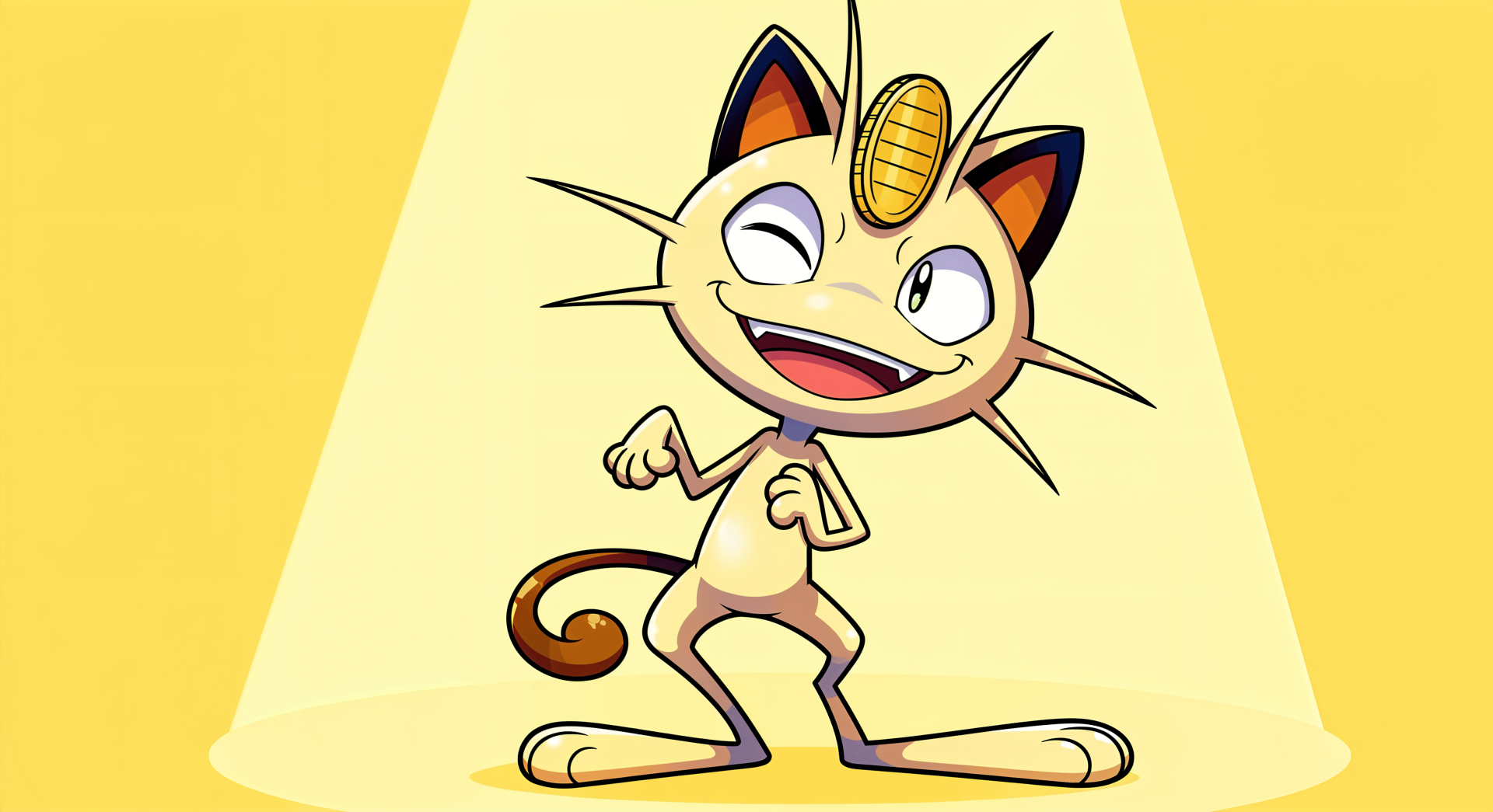 Cheerful Meowth (Pokémon) under a spotlight on a bright yellow backdrop — 4K Ultra HD PC desktop wallpaper and background.