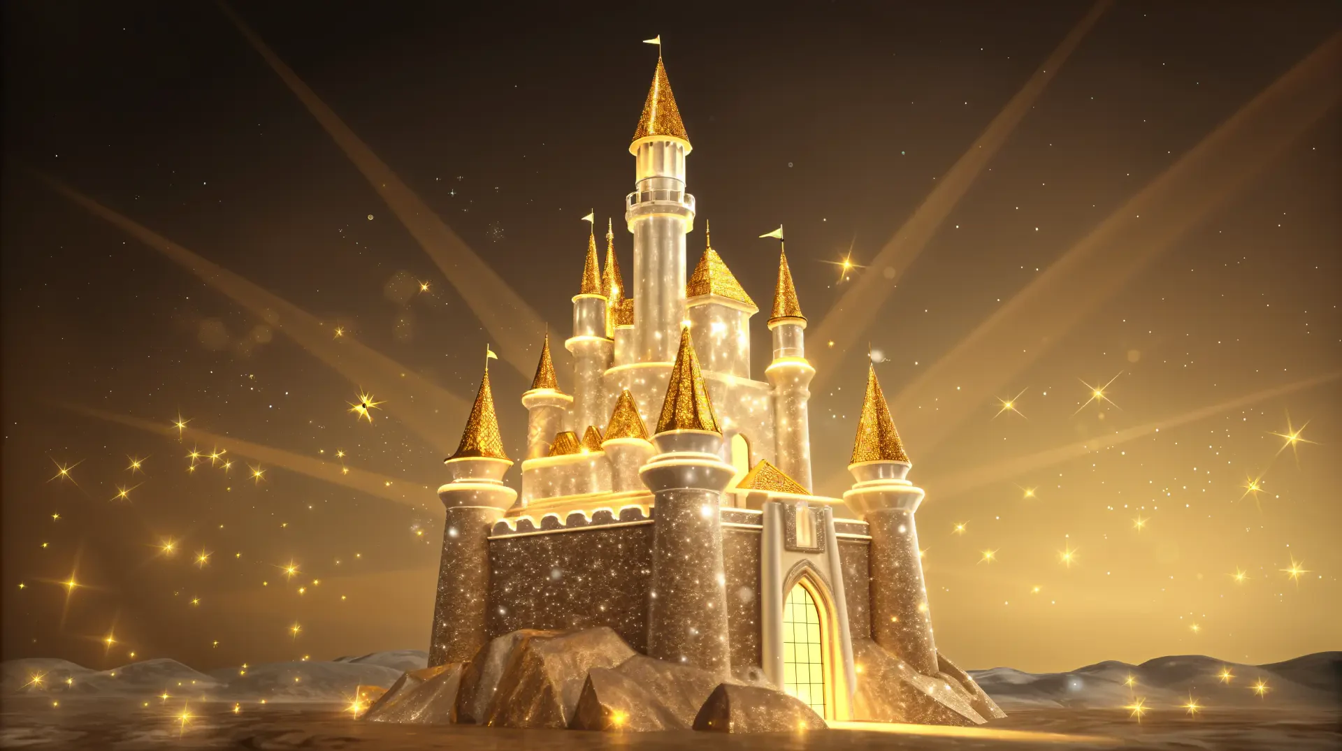 Crystal castle with golden spires and sparkling dust under a glowing sky — 4K Ultra HD PC desktop wallpaper and background.