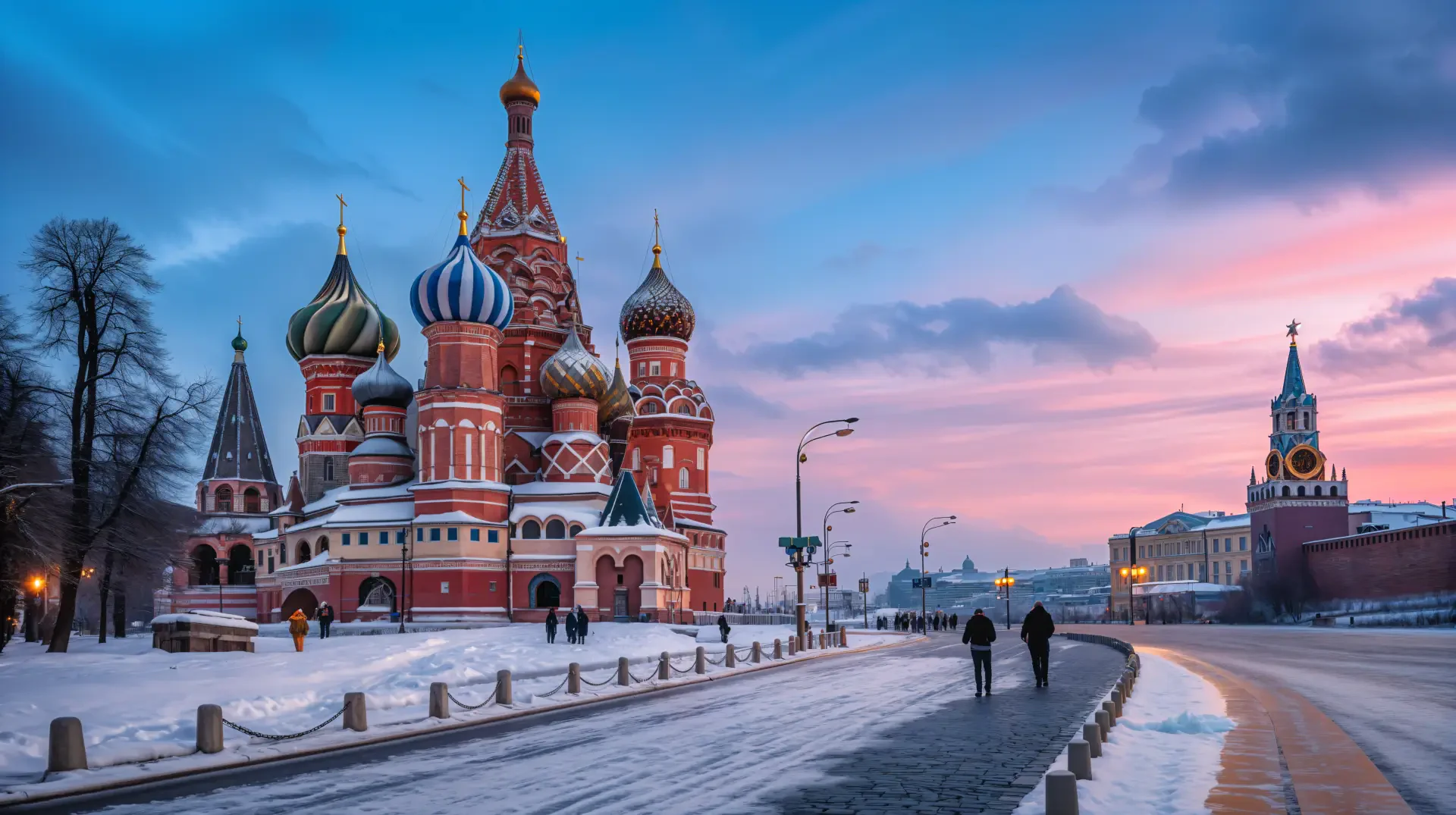 St. Basil's Cathedral in Moscow at sunset, snowy boulevard with pedestrians — Russia 4K Ultra HD PC desktop wallpaper/background.
