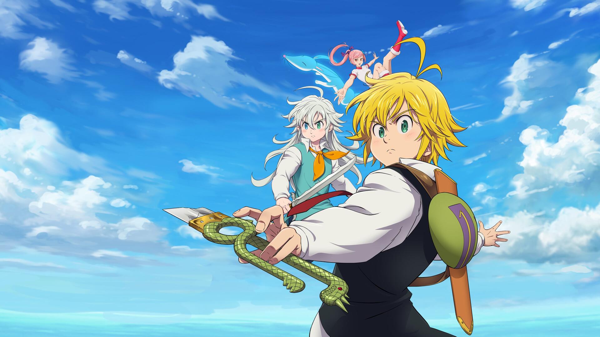 The Seven Deadly Sins artwork: Meliodas and Elizabeth reach forward with a blade against a bright blue sky — vibrant 4K Ultra HD PC desktop wallpaper and background.
