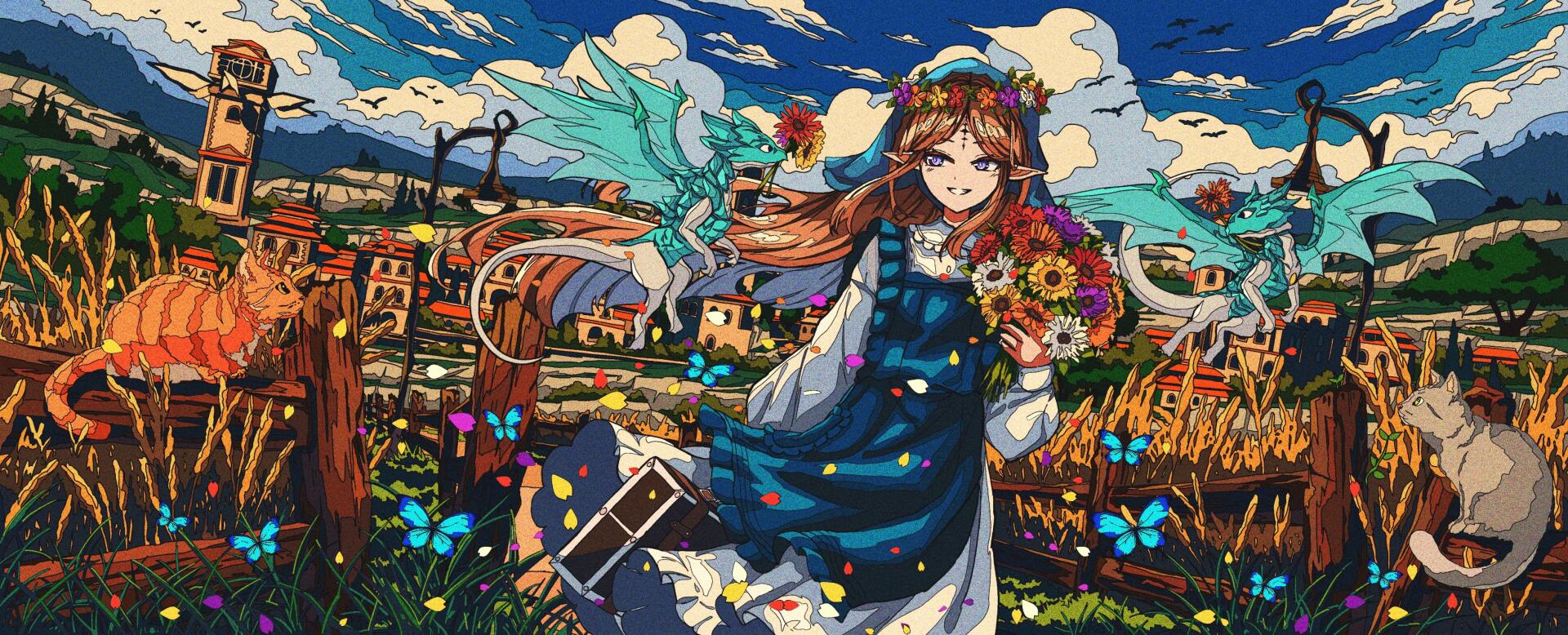 HD desktop wallpaper/background of Cartethyia (Wuthering Waves): smiling girl with floral crown holding flowers, a small drake on her shoulder, butterflies and a village beneath a blue sky.