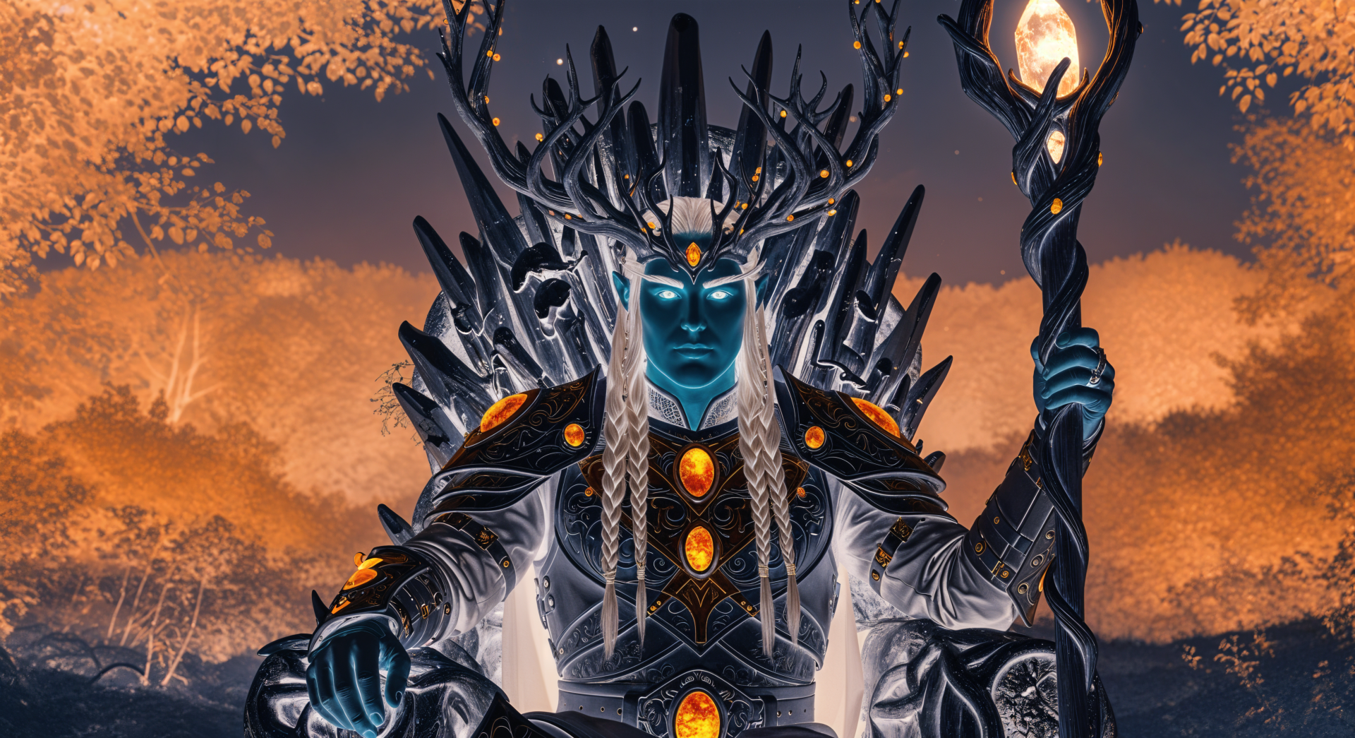 Elf King sits on a crystalline throne, glowing blue skin and amber gems, holding a staff beneath an autumn sky — 4K Ultra HD PC desktop wallpaper and background.
