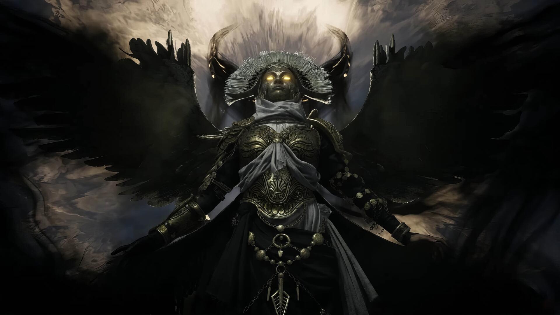 HD PC desktop wallpaper of a dark angel from the video game Titan Quest II: horned armored figure with glowing eyes, tattered black wings and ornate chest armor against a stormy backdrop.