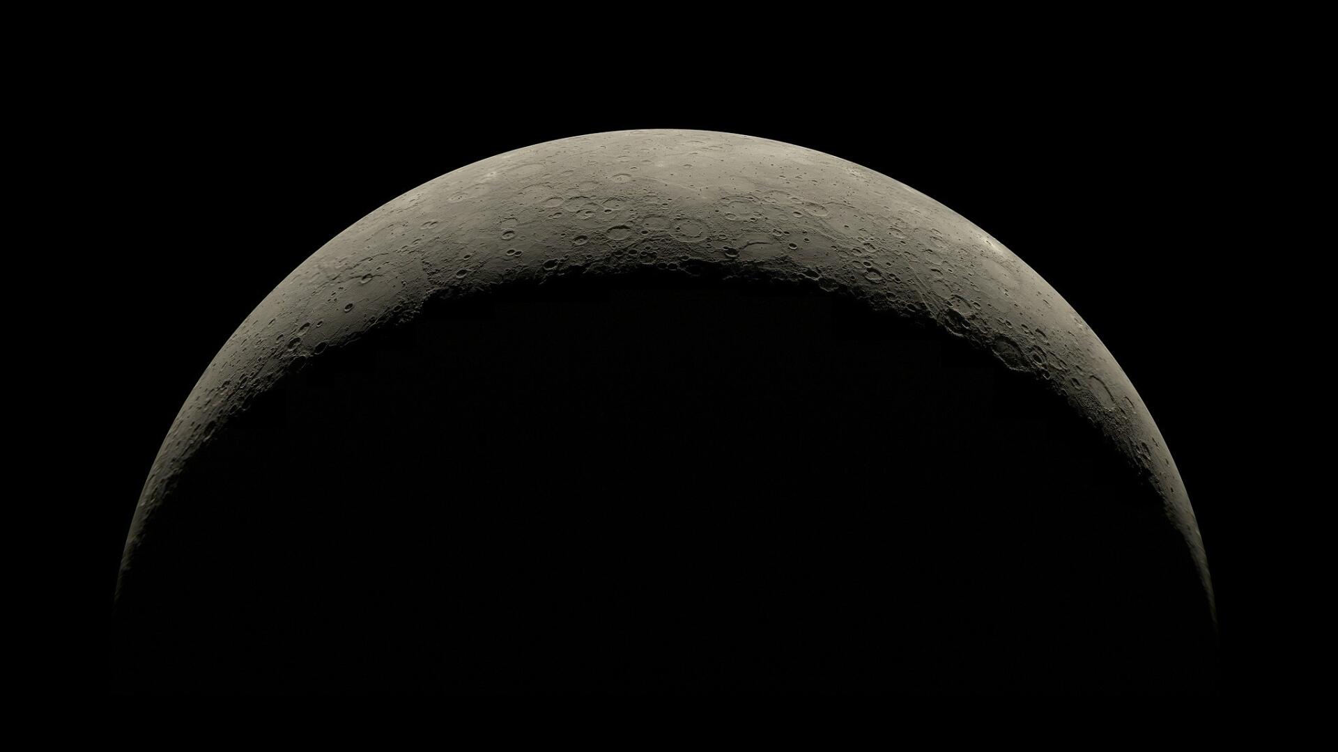 HD PC desktop wallpaper: crescent planet over a dark horizon, subtle aurora hues along the limb in a serene space landscape.