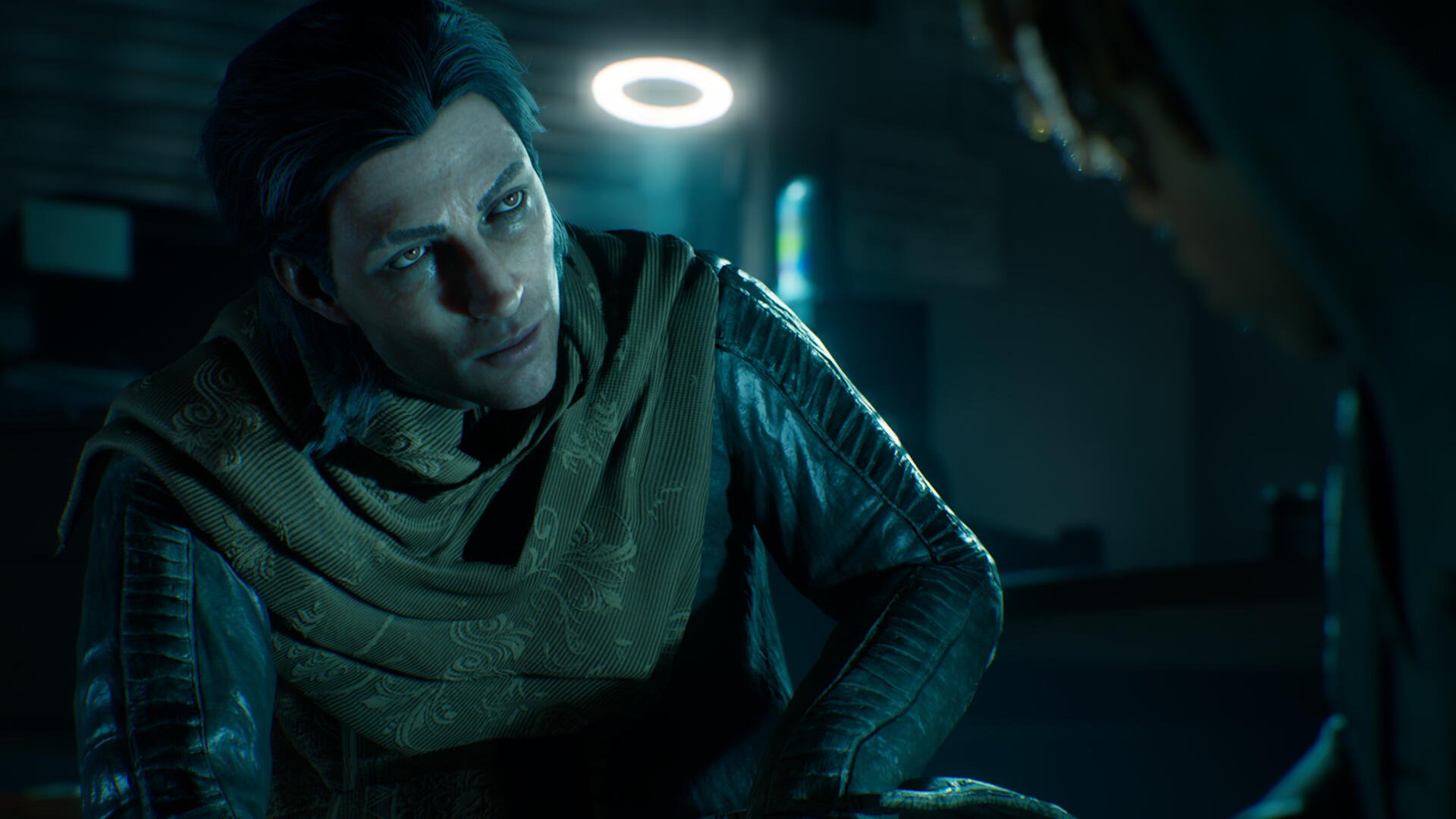 4K Ultra HD PC desktop background for the video game Vampire: The Masquerade - Bloodlines 2: a pale vampire leans beneath a haloed light in a neon-lit interior.