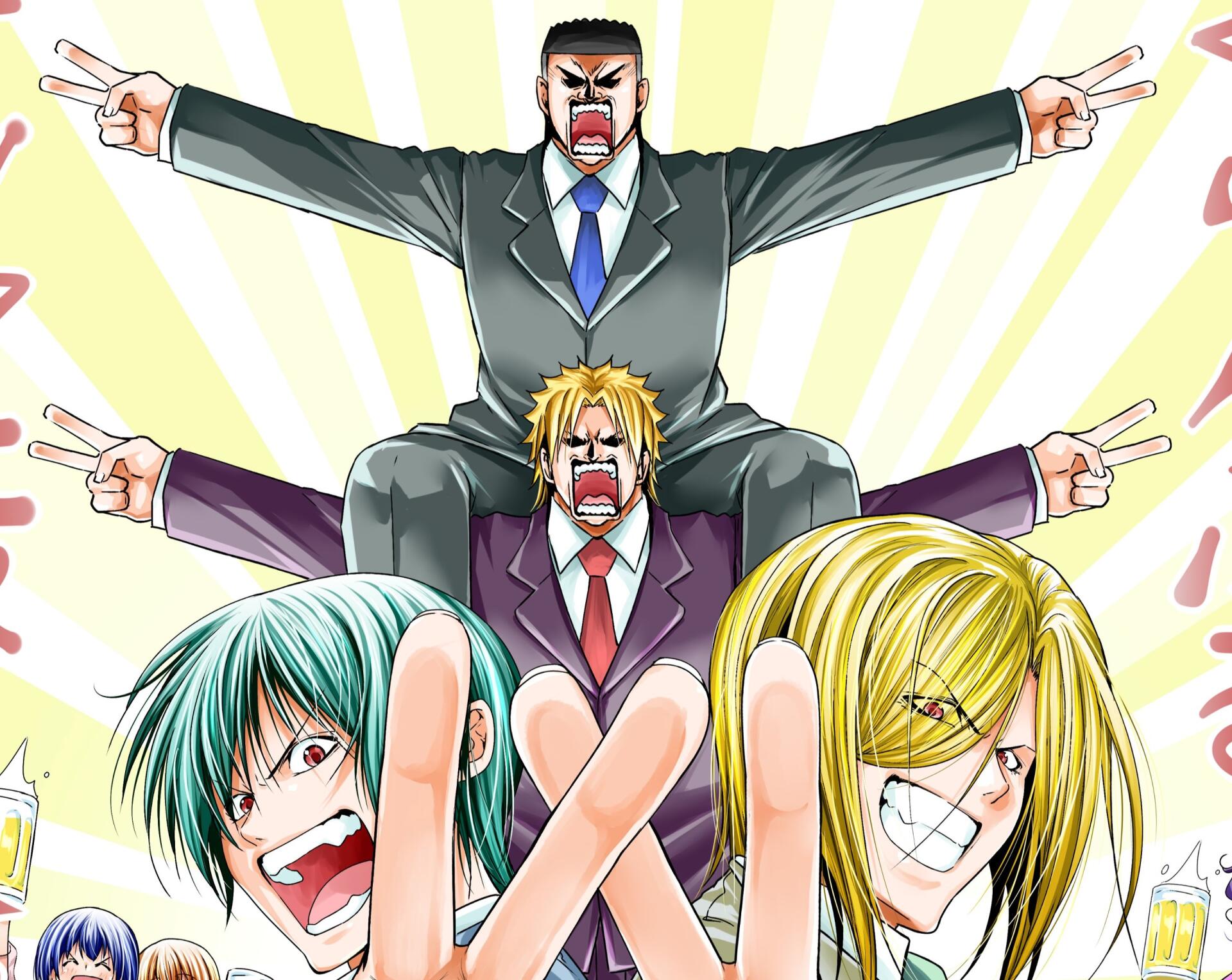 Anime Grand Blue HD PC desktop wallpaper depicting three boisterous characters in suits stacked into a pyramid, flashing peace signs against a bright yellow sunburst background.