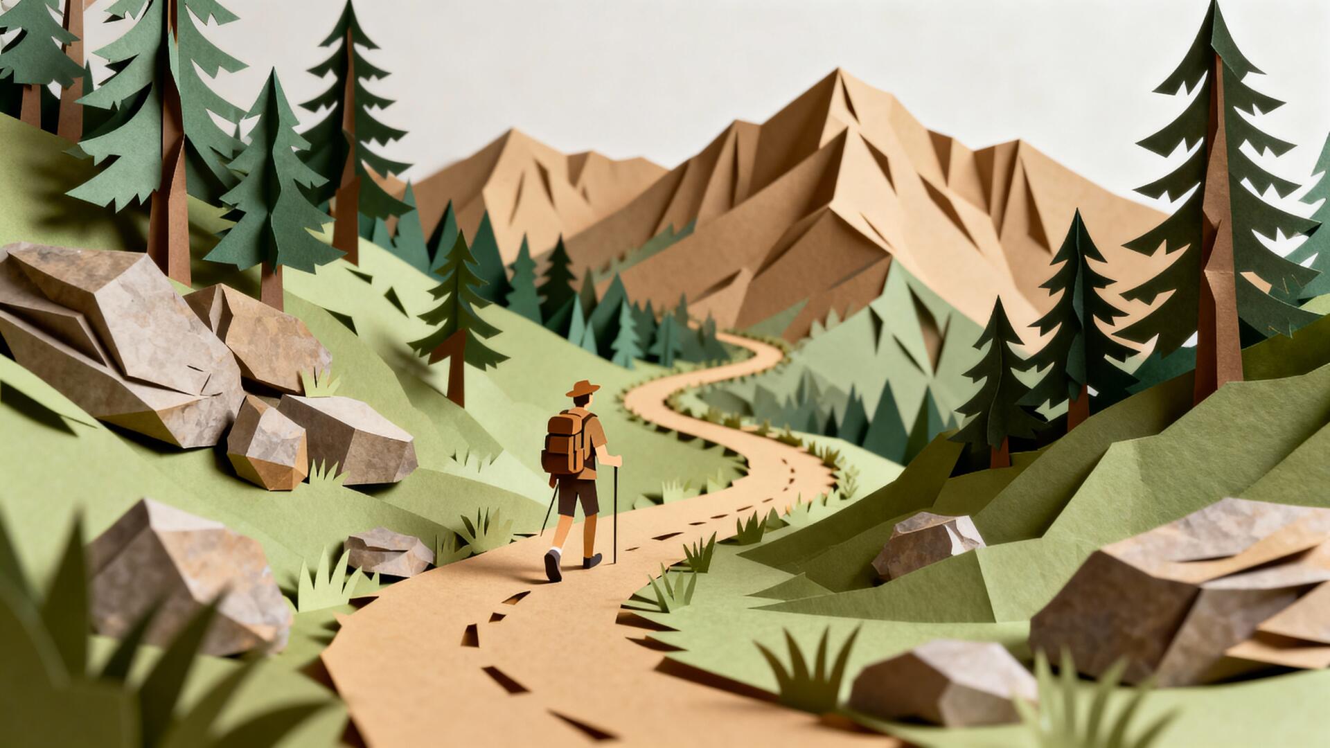 4K Ultra HD PC desktop wallpaper and background: stylized hiker on a winding mountain trail through pine forests toward angular peaks.