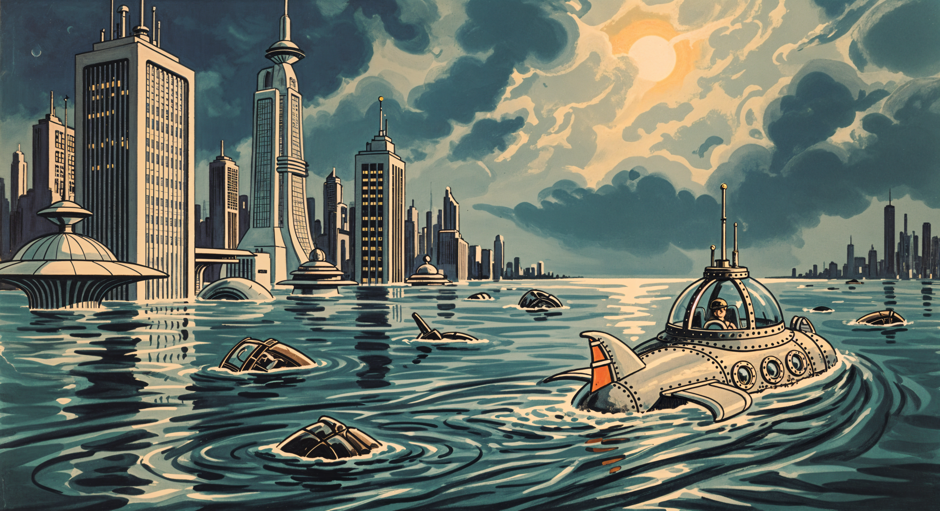 4K Ultra HD PC desktop wallpaper: futuristic city half-submerged by a flood, domed submarines and debris drift under a stormy, dramatic sky.