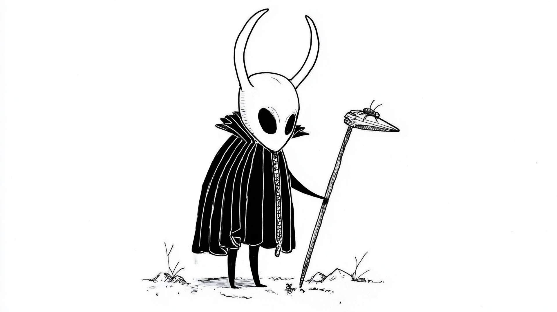 Black & white HD PC wallpaper featuring a Hollow Knight character from the video game Hollow Knight: Silksong — a small horned, cloaked figure holding a staff.