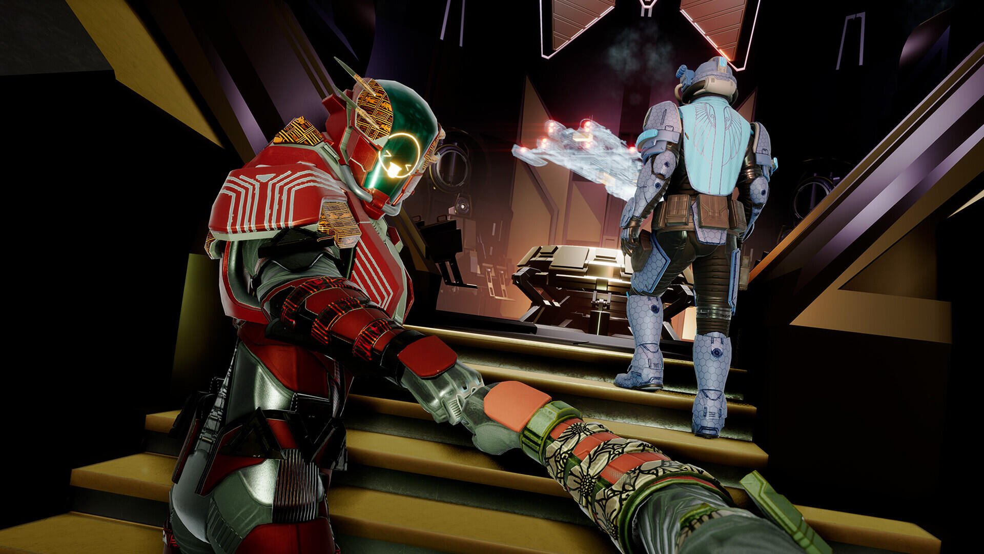 POV HD PC desktop wallpaper of a Void Crew video game scene: a red-armored alien grabs the viewer's arm on a spaceship stairwell as another crewmember walks ahead.