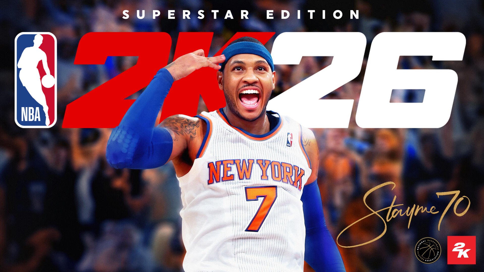 NBA 2K26 8K Ultra HD PC wallpaper: a cheering New York Knicks #7 player in-game, celebrating on-court with Superstar Edition branding.