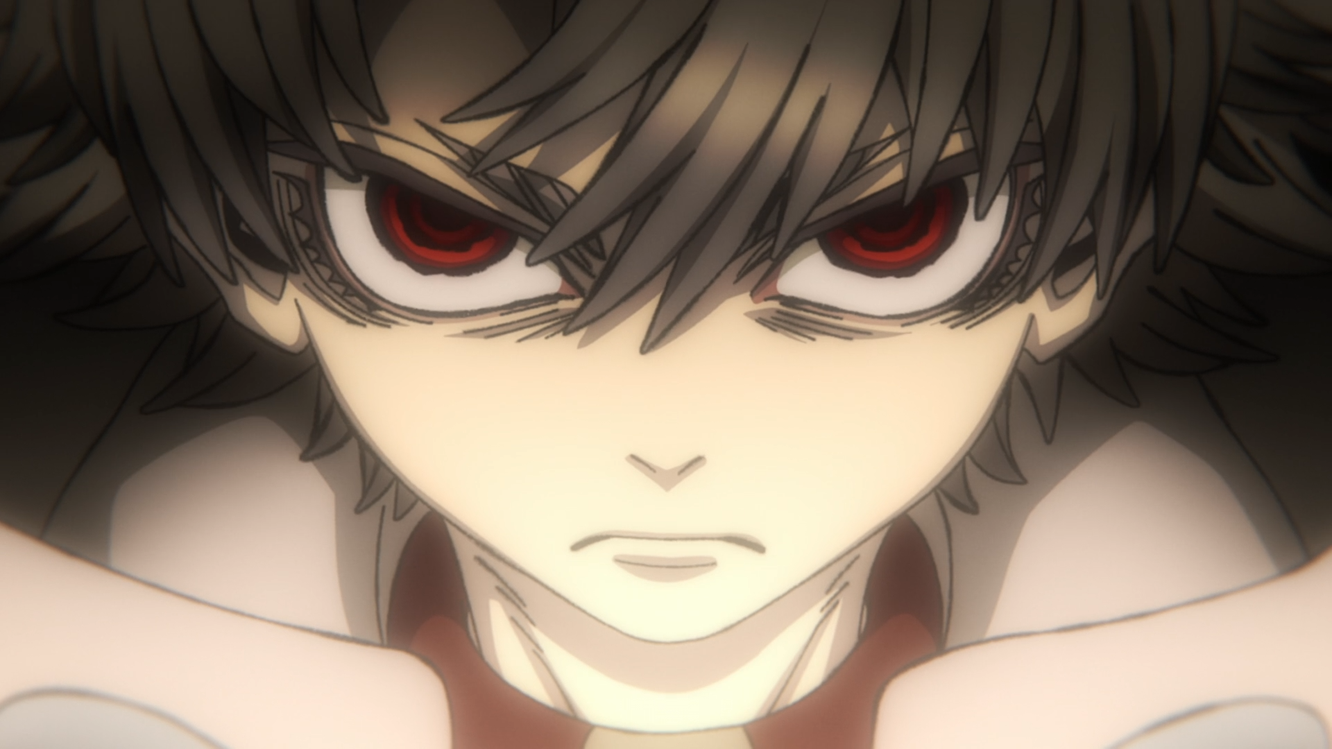 HD PC desktop wallpaper: close-up anime portrait of Gachiakuta character Rudo Surebrec with pale skin, tousled dark hair and piercing red eyes, intense brooding stare.