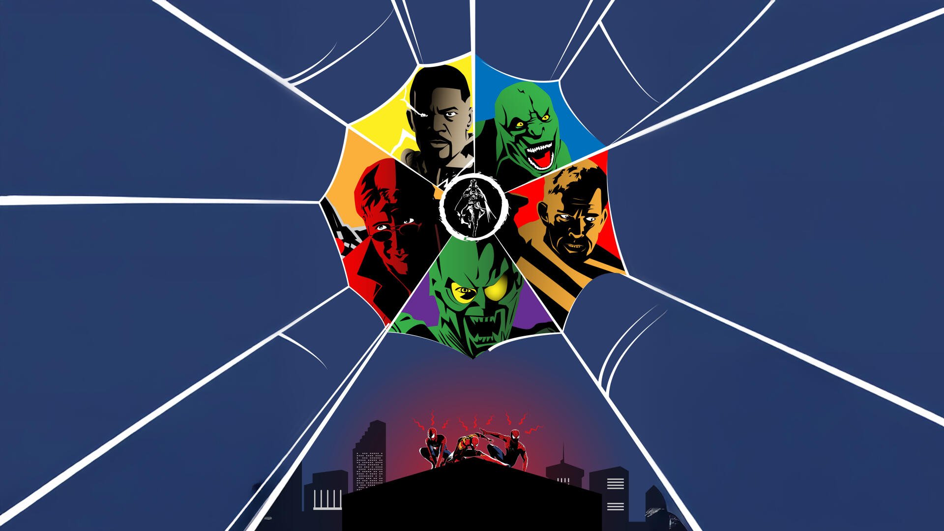 Spider-Man: No Way Home 4K Ultra HD PC wallpaper — shattered web radiates from a central hub of multicolored villain portraits above a silhouetted city skyline with Spider-Man on a rooftop.
