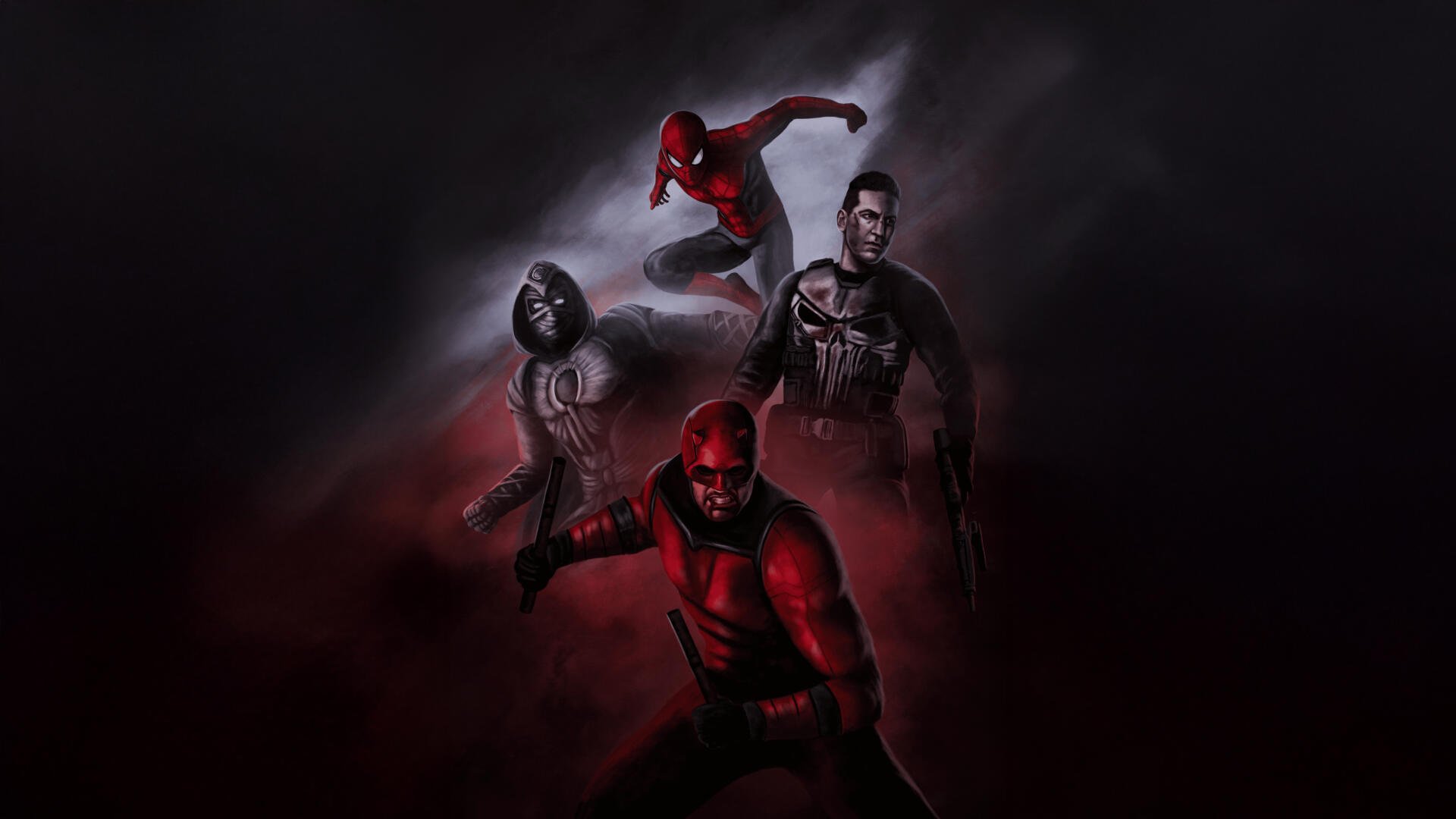 Spider-Man: Brand New Day 4K Ultra HD PC desktop wallpaper showing Spider-Man and three shadowed vigilantes emerging from moody red-black mist.