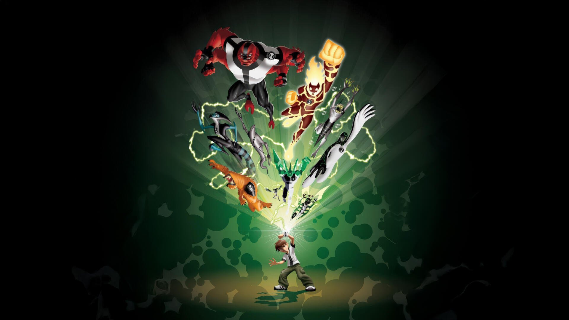 Ben 10 4K Ultra HD PC desktop wallpaper: Ben activating the Omnitrix as multiple alien forms burst upward from him against a dark, glowing green background.