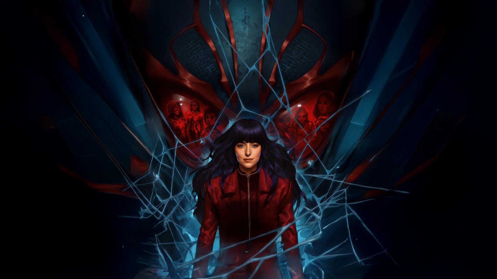Madame Web 4K Ultra HD PC desktop wallpaper: a dark‑haired woman in red stands before a shattered web, ominous glowing red eyes looming in the background.