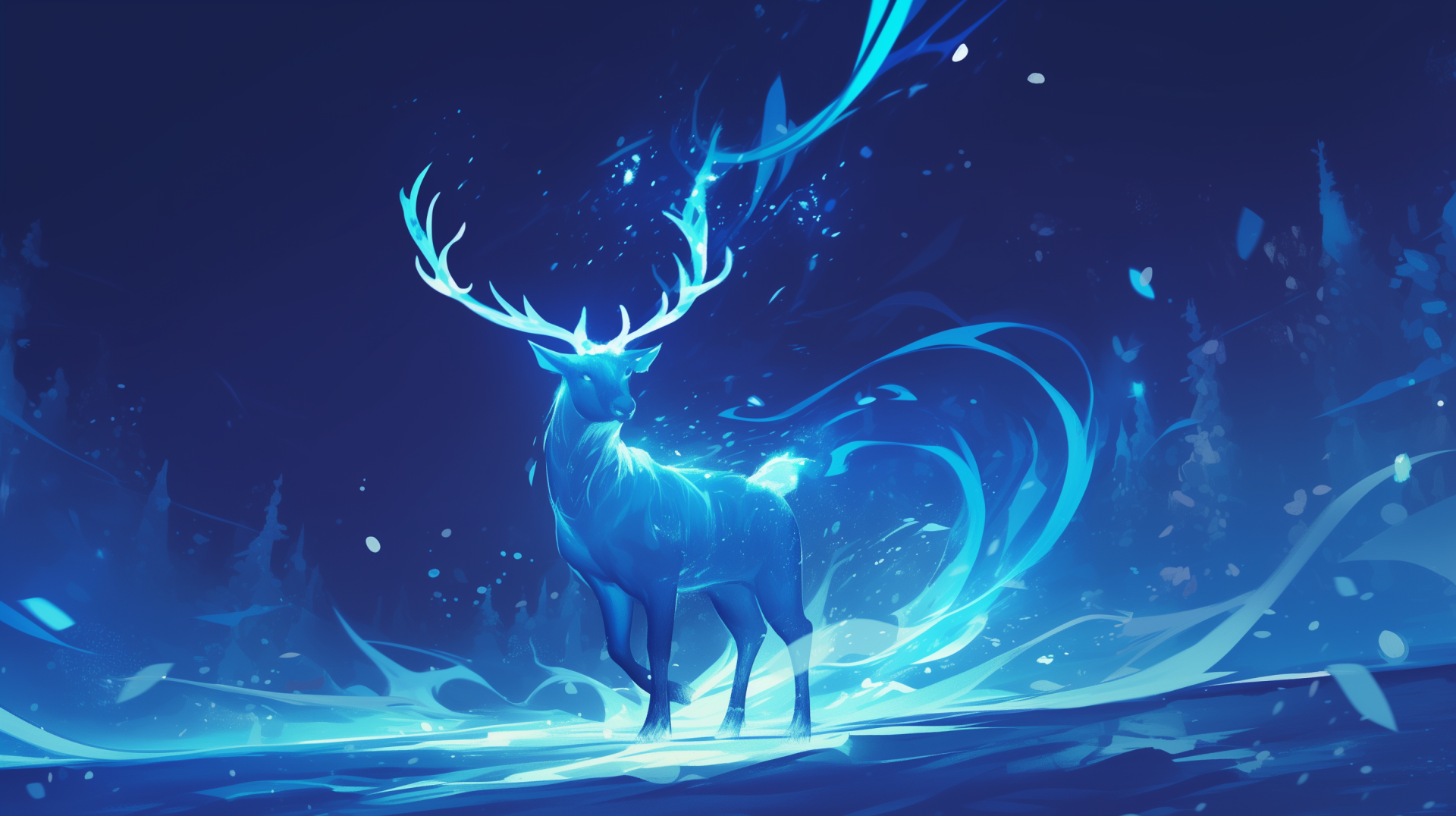 Ethereal, magical forest spirit deer — a glowing mythical creature in blue mist, HD PC desktop wallpaper and background.
