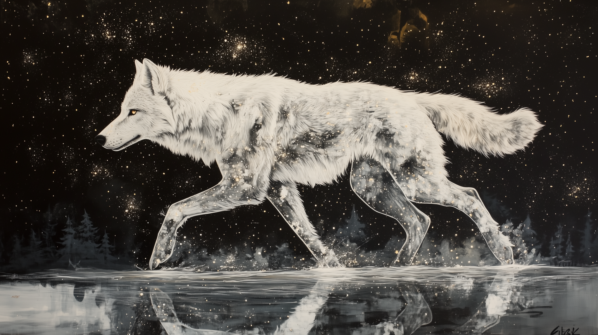 Black-and-white artistic wolf illustration walking across reflective water against a starry sky — HD PC desktop wallpaper background.