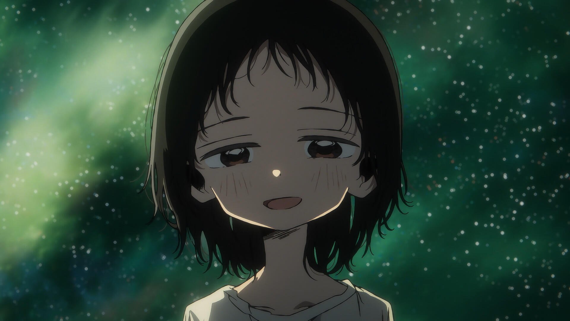 HD PC desktop wallpaper and background: anime girl from Takopi's Original Sin, smiling softly against a starry green nebula sky.