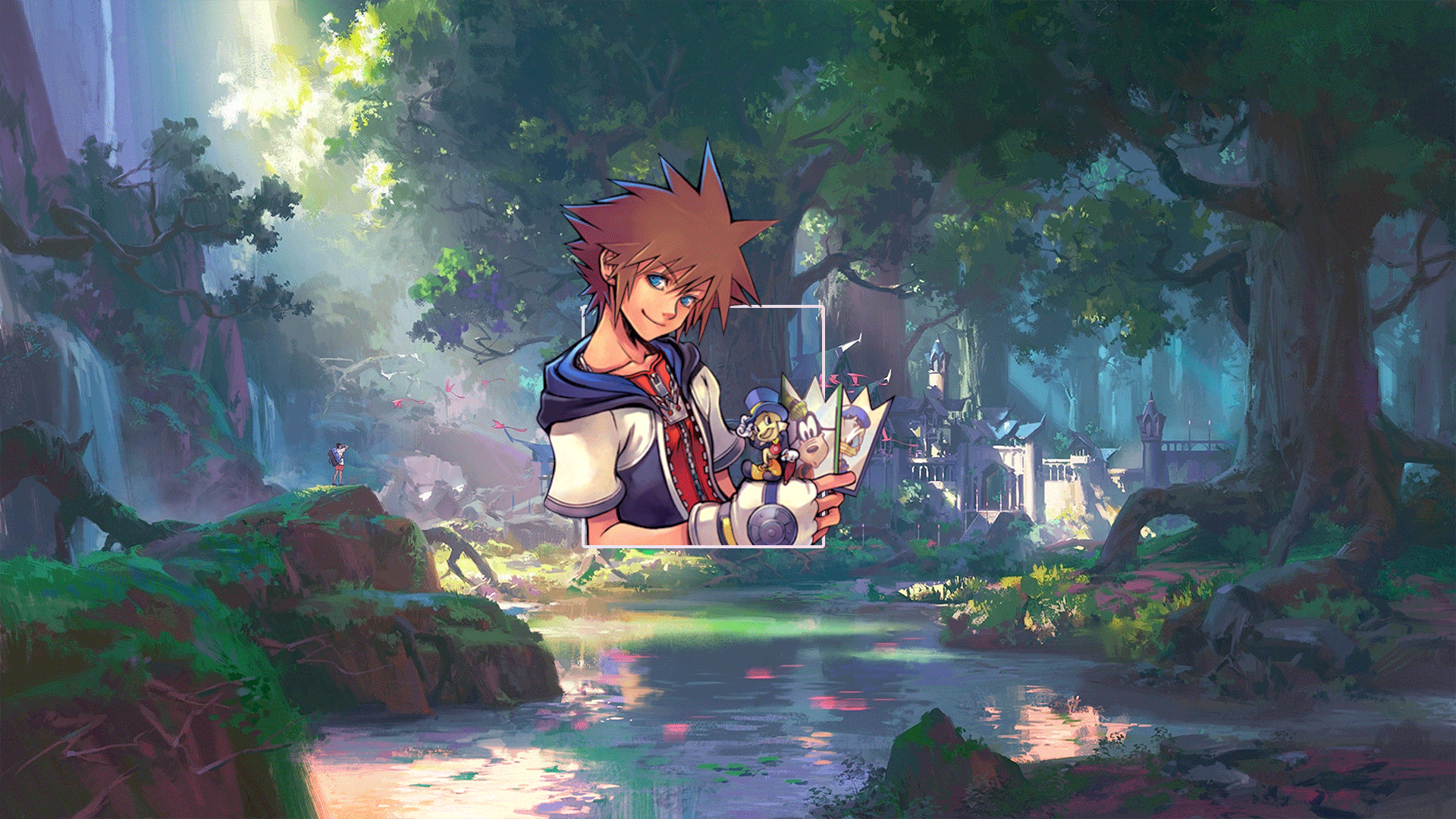 HD PC desktop wallpaper: Sora from the video game Kingdom Hearts stands by a sunlit forest pool, Keyblade in hand, whimsical characters reflected in the water.