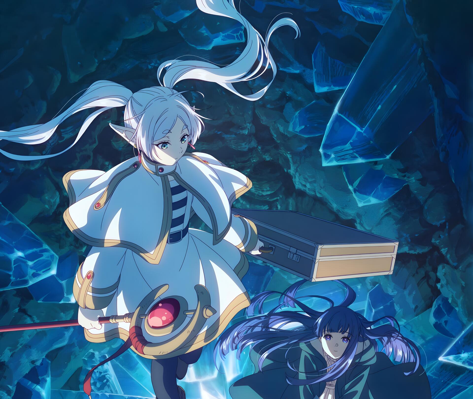 4K anime desktop wallpaper of Frieren and Fern from Frieren: Beyond Journey's End, posed amid glowing blue crystals in an atmospheric underground cavern.