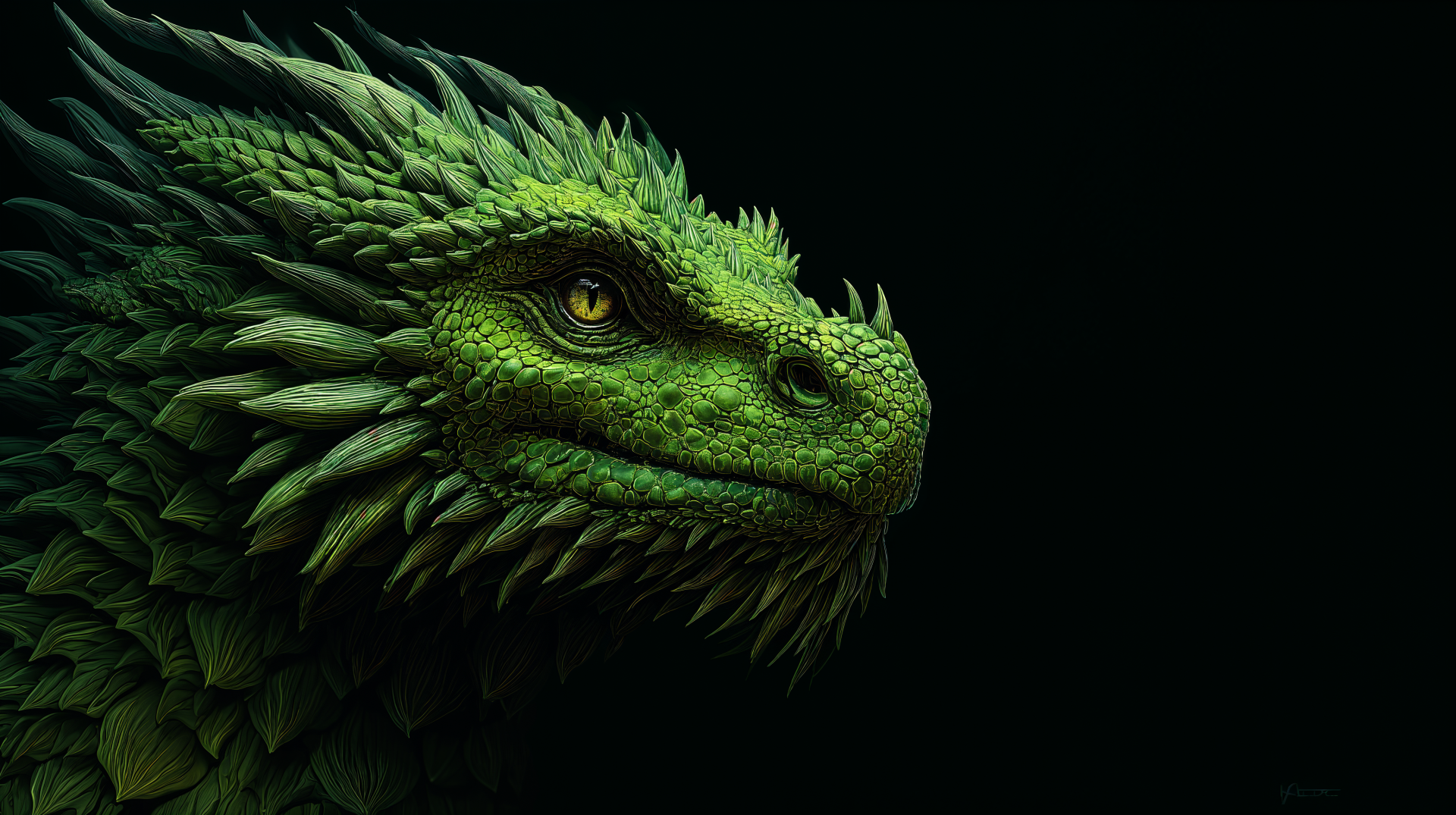 4K Ultra HD PC desktop wallpaper: close-up profile of a detailed green fantasy dragon against a dark background.