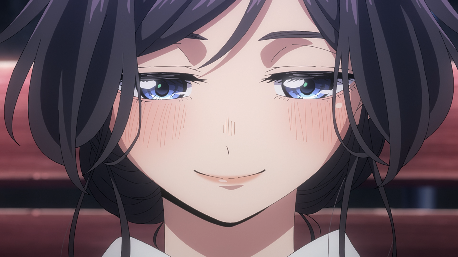 Close-up anime HD desktop wallpaper of Kaoruko Waguri from The Fragrant Flower Blooms With Dignity, soft smile, flushed cheeks and dark hair framing her face.