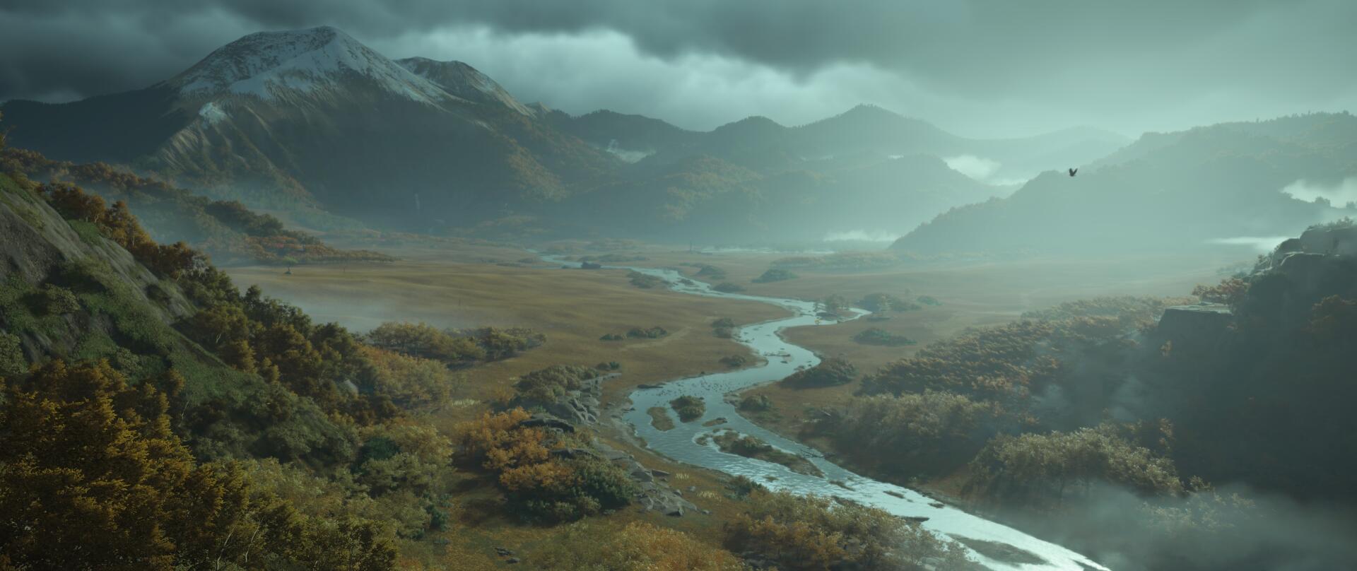 2K Quad HD PC desktop wallpaper from the video game Ghost of Yōtei: misty mountain range and winding river through marshy plains, tranquil nature beneath low, clouded skies.