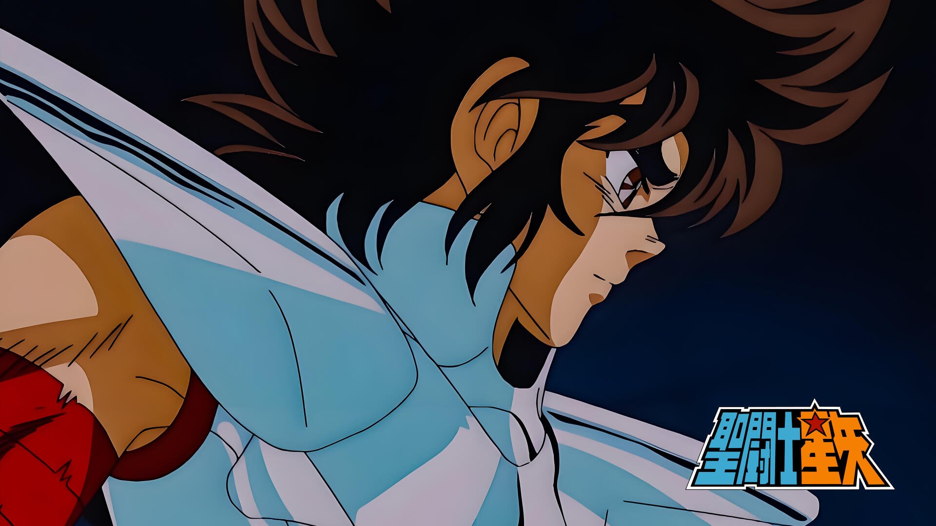 4K Ultra HD PC desktop wallpaper: Anime Saint Seiya's Pegasus Seiya in profile, armored with windswept hair against a deep blue night sky background.