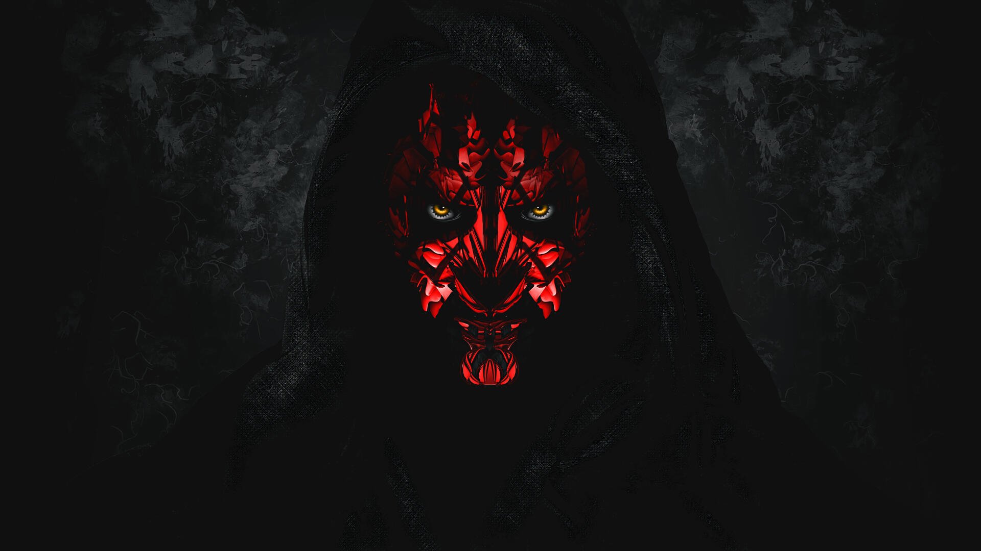 8K Ultra HD PC desktop wallpaper: dark red-and-black portrait of Star Wars' Darth Maul, glowing yellow eyes and sinister markings emerging from deep shadow.