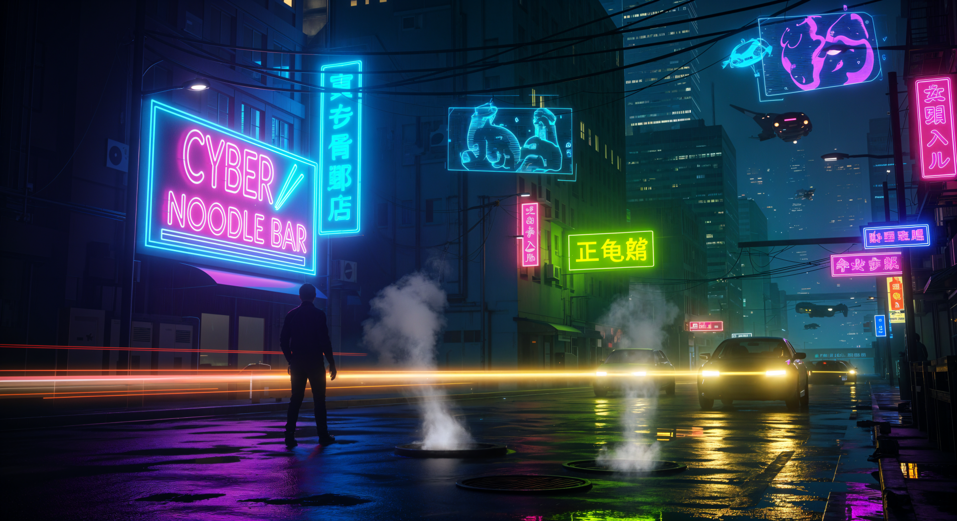 Neon aesthetic cyberpunk street at night with glowing signs, rain-slick reflections and a silhouetted figure — 4K Ultra HD PC desktop wallpaper and background.