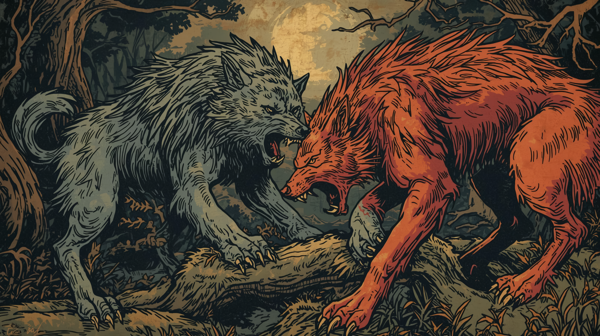 2K Quad HD PC desktop wallpaper: two snarling wolves — grey and red — locked in a fierce fight amid a shadowy, twisted forest.
