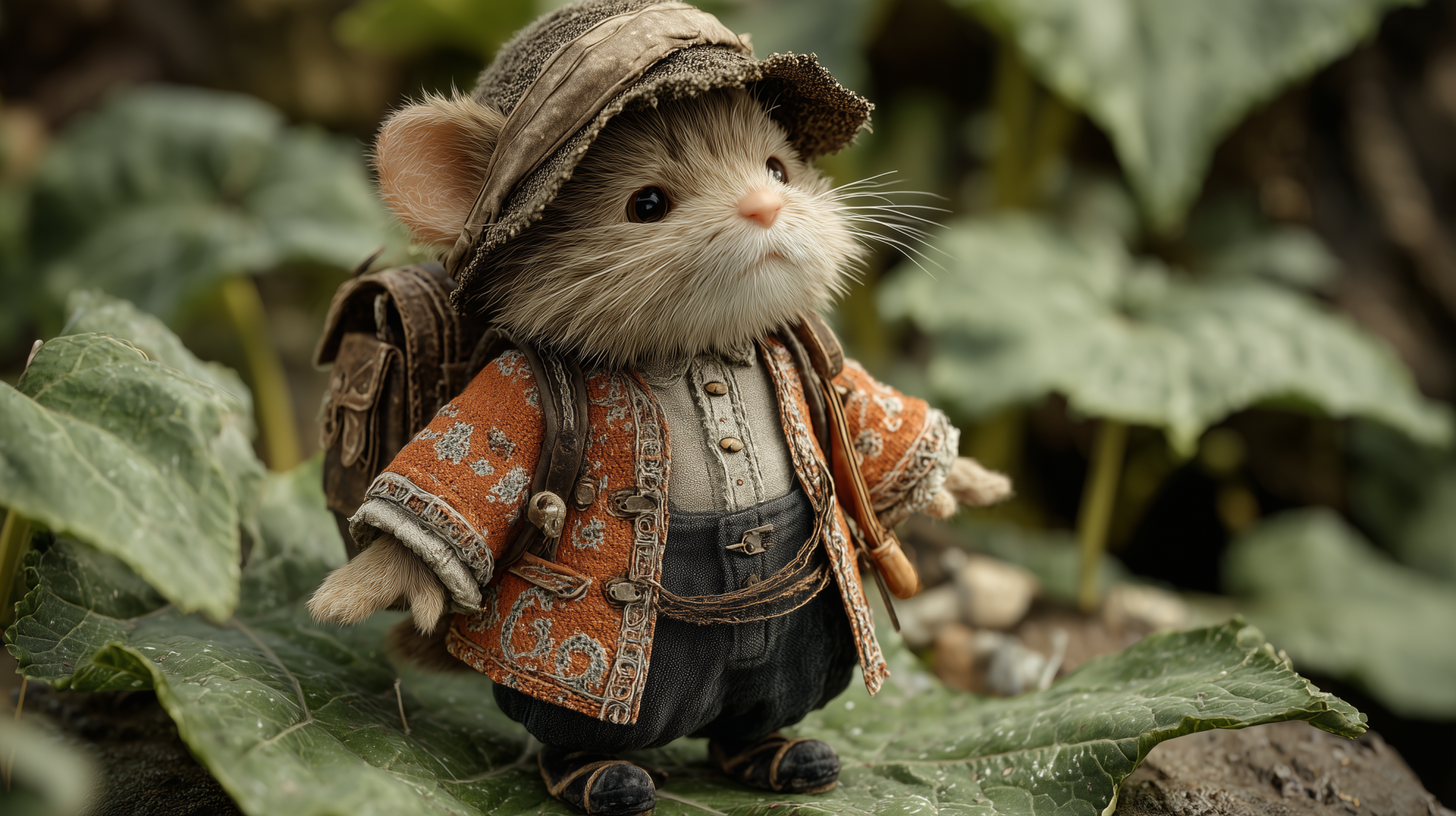 Cute AI art toy mouse in detailed clothes and backpack standing on a leaf — 2K Quad HD PC desktop wallpaper/background, whimsical toy animals scene.