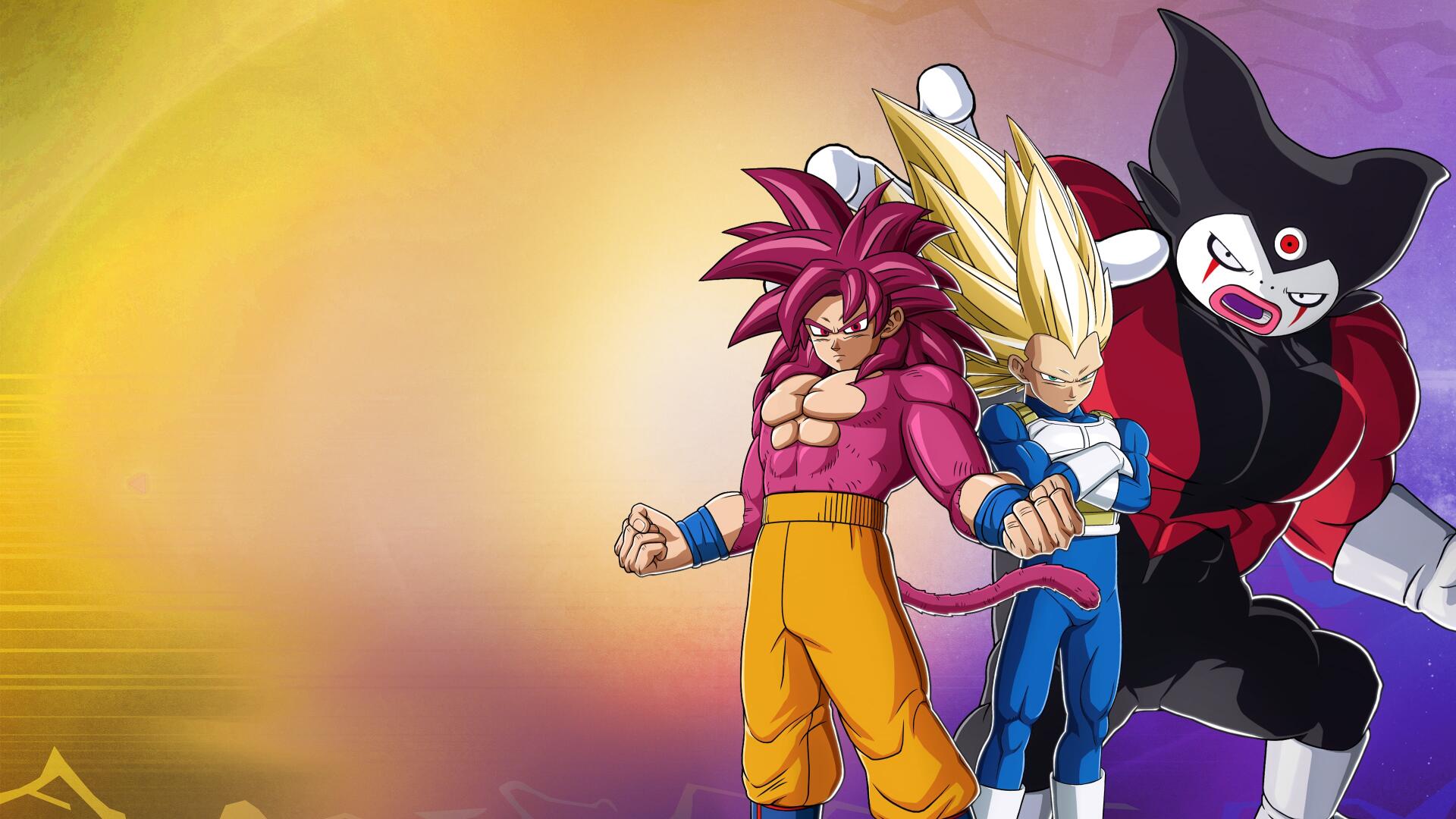 DRAGON BALL: Sparking! ZERO 4K Ultra HD PC wallpaper: two Super Saiyan warriors (pink and gold hair) stand with a dark villain against a glowing gradient background.