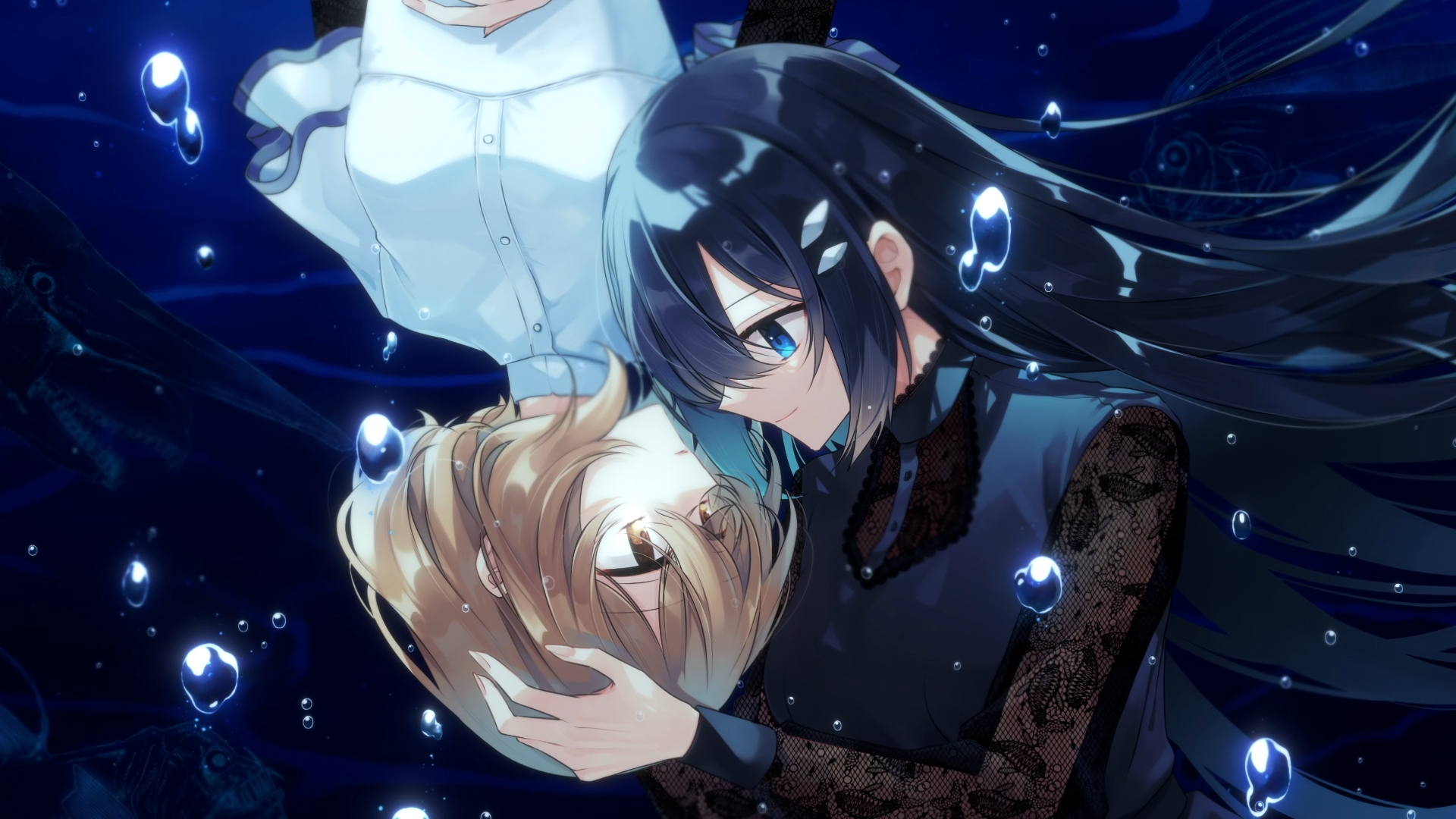 Anime HD PC desktop wallpaper from This Monster Wants to Eat Me: Hinako Yaotose cradles Shiori Oumi underwater amid glowing bubbles and deep blue tones.