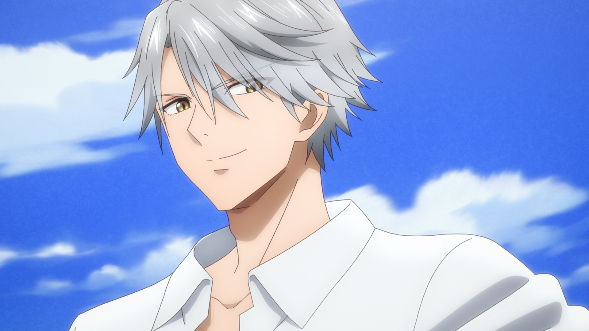 Anime HD desktop wallpaper of Aristide Roger de Galbraith from Pass the Monster Meat Milady! — silver-haired young man in a white shirt smiling against a bright blue sky.