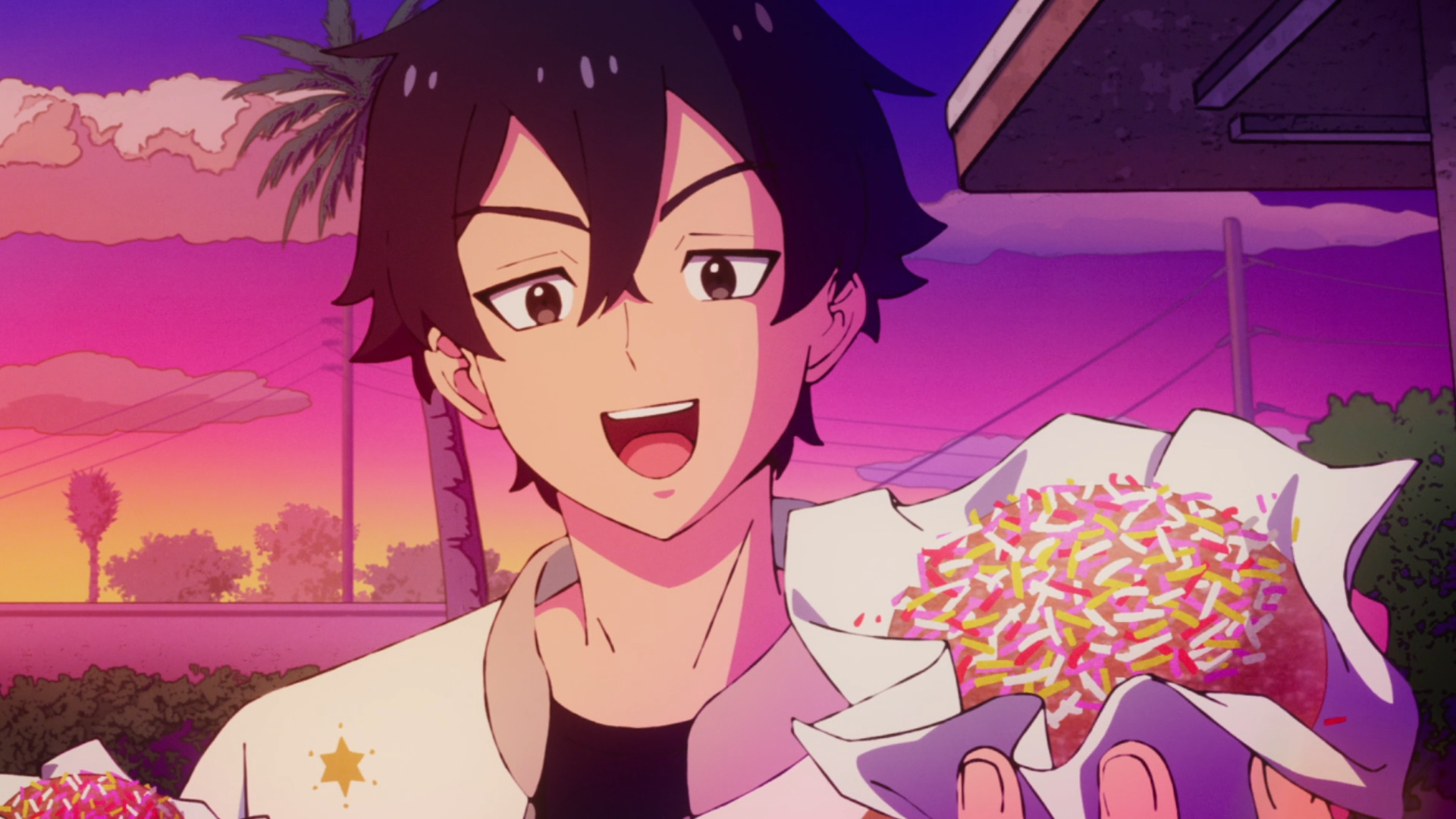 Anime HD PC desktop wallpaper: Charles Jones (Let's Play) — smiling anime character holding sprinkled donuts at sunset by palm trees, vibrant Let's Play background.