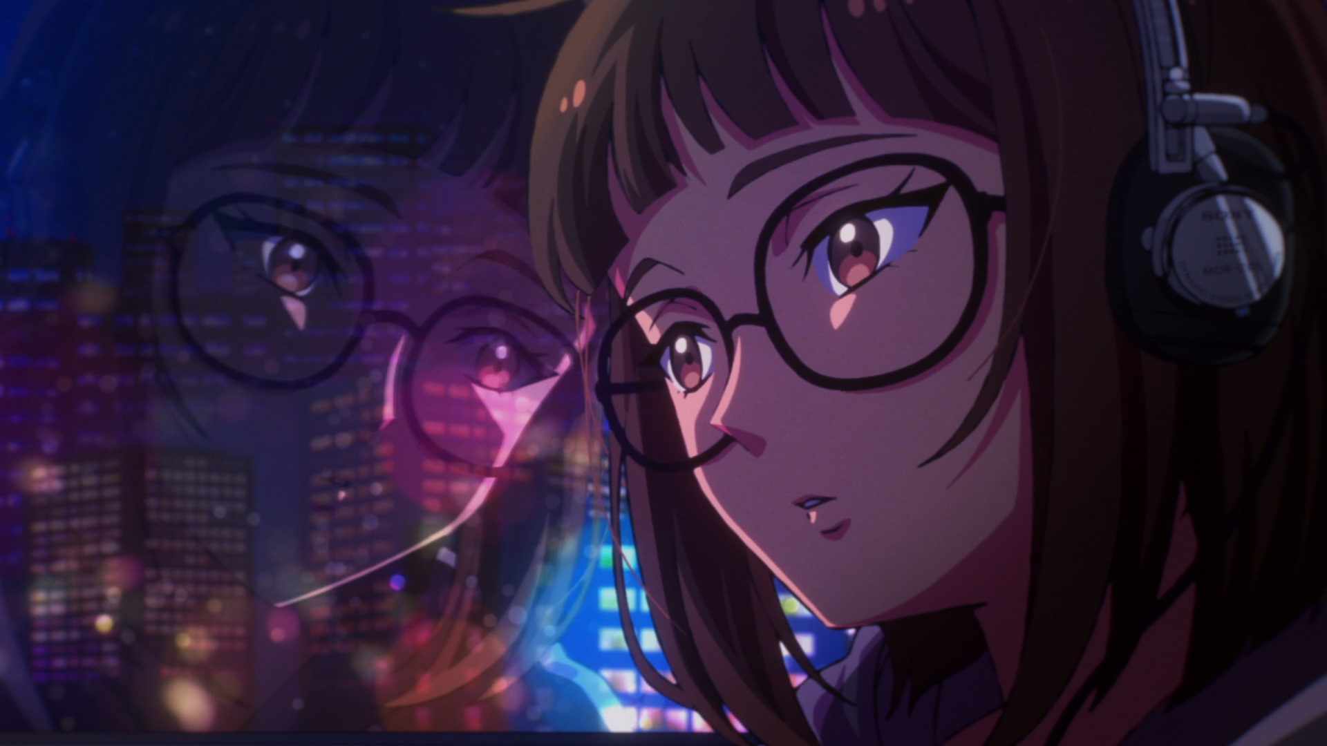 Anime HD PC desktop wallpaper tagged Let's Play, Sam Young (Let's Play): close-up of an anime girl with glasses and headphones, neon city lights reflected in her eyes and window.