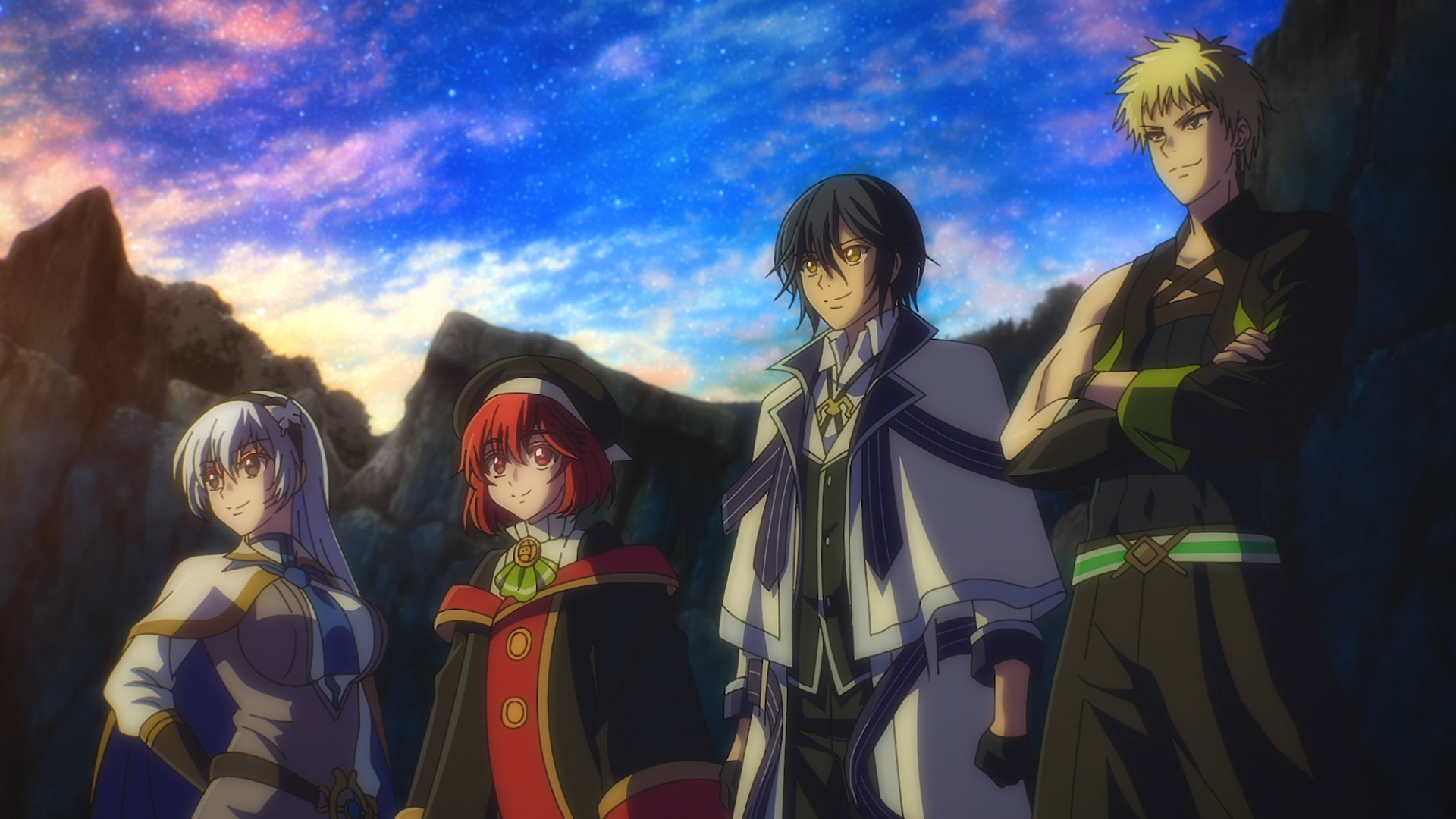 HD anime desktop wallpaper — The Banished Court Magician Aims to Become the Strongest: four allies (dark-haired mage, red-hooded companion, silver-haired fighter, blond guardian) beneath a vivid twilight sky.