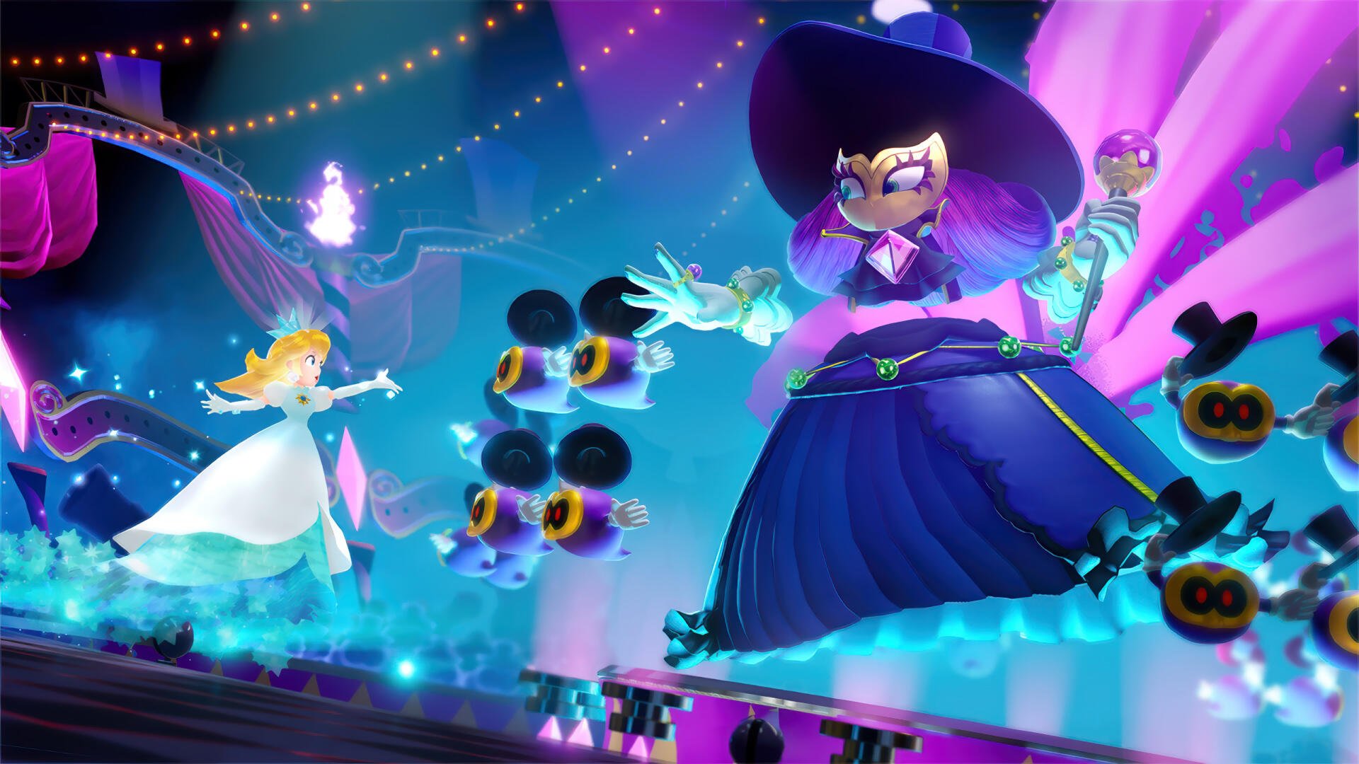 HD PC desktop wallpaper: Princess Peach — Showtime! scene, Peach in a white gown facing a towering witch on a glowing stage lit by colorful lights and hovering magical minions.