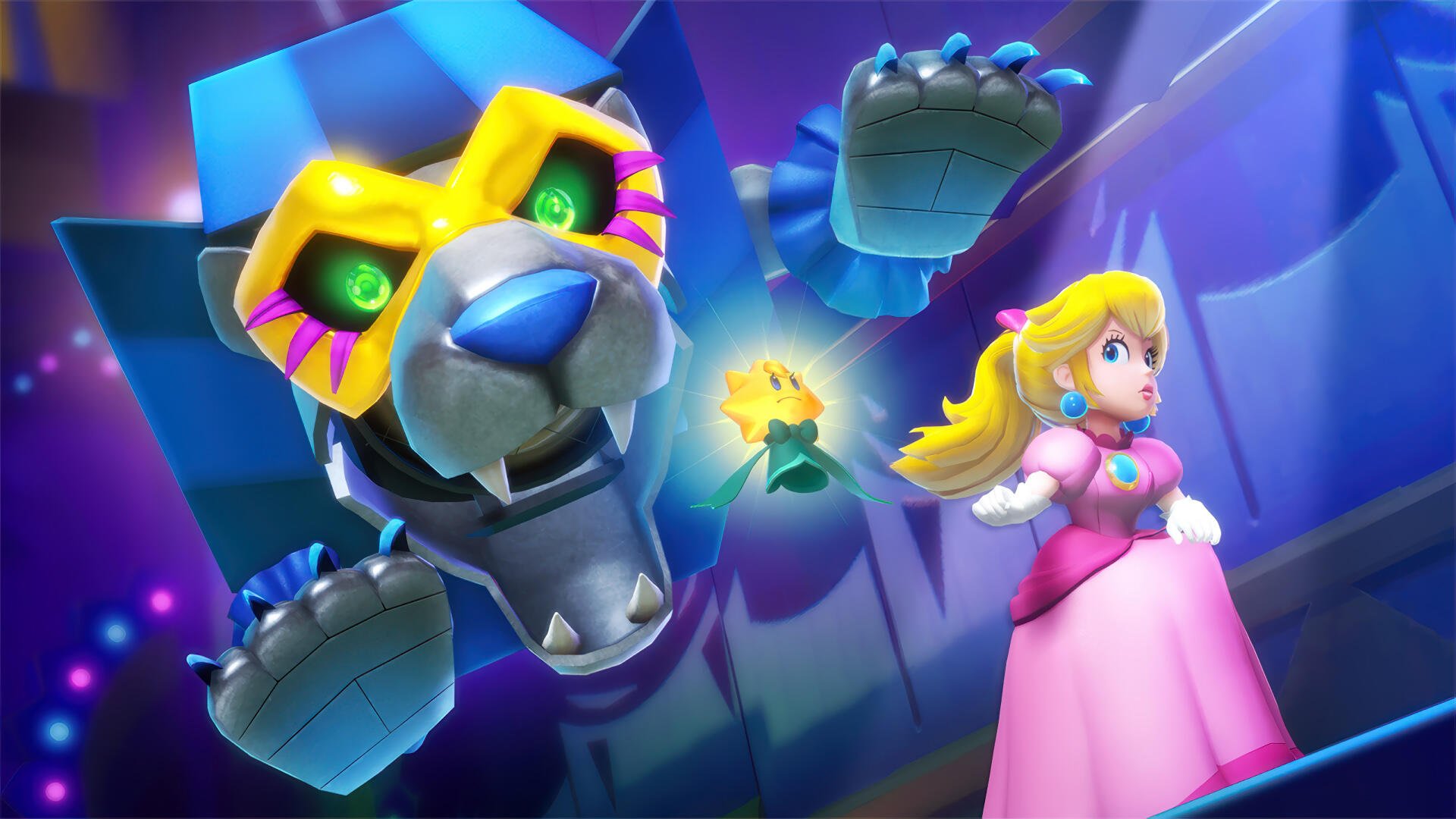 Princess Peach Showtime! HD PC desktop wallpaper — Princess Peach in a pink gown holds a glowing star onstage as a giant colorful robotic lion bursts from the backdrop amid dramatic lights.
