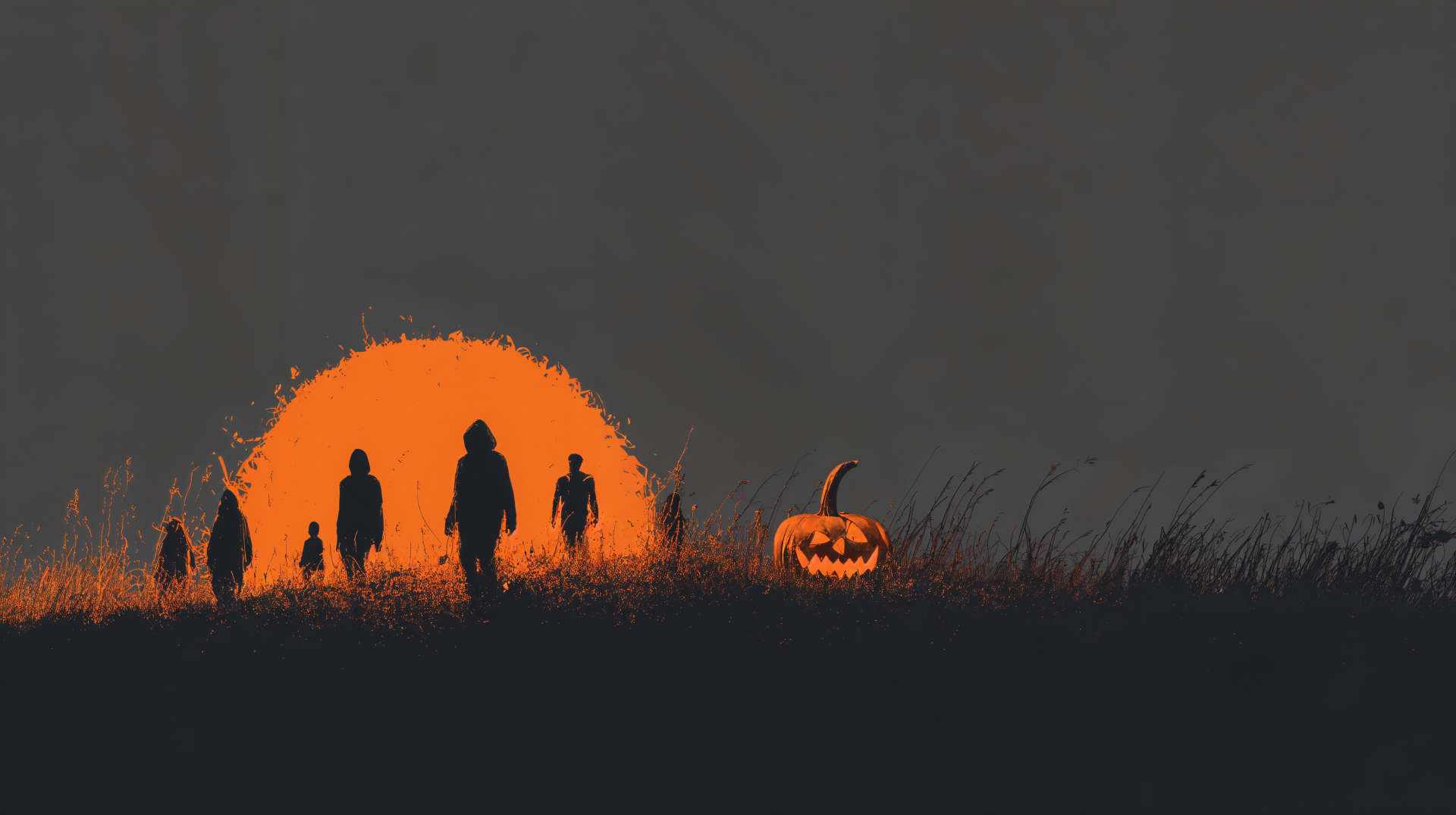 Halloween, minimal Halloween 4K Ultra HD PC desktop wallpaper and background: silhouetted figures and a jack-o'-lantern before an oversized orange moon over a dark grassy horizon.
