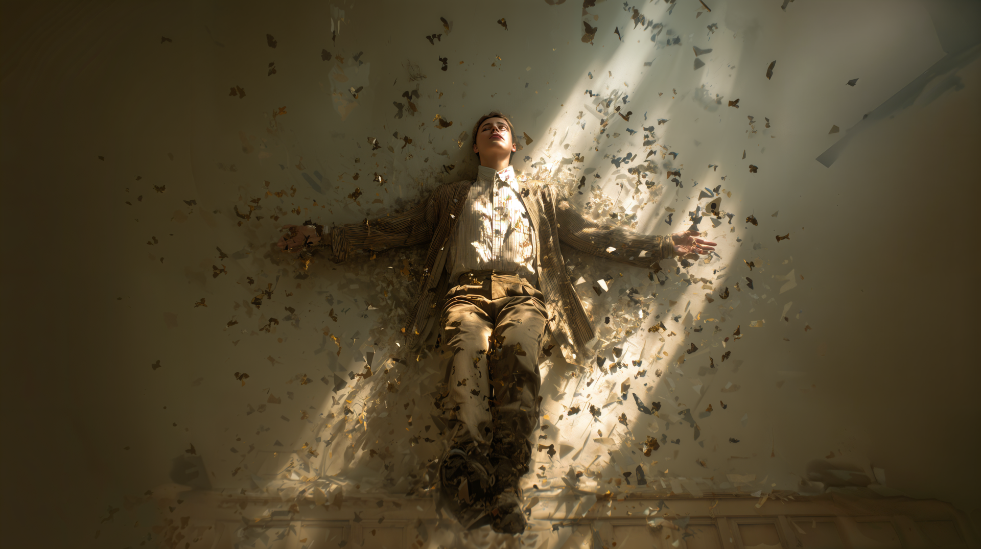 4K Ultra HD PC desktop wallpaper/background: a person lies on the floor as fragments peel away around them, bathed in dramatic shafts of light, evoking a surreal falling apart scene.