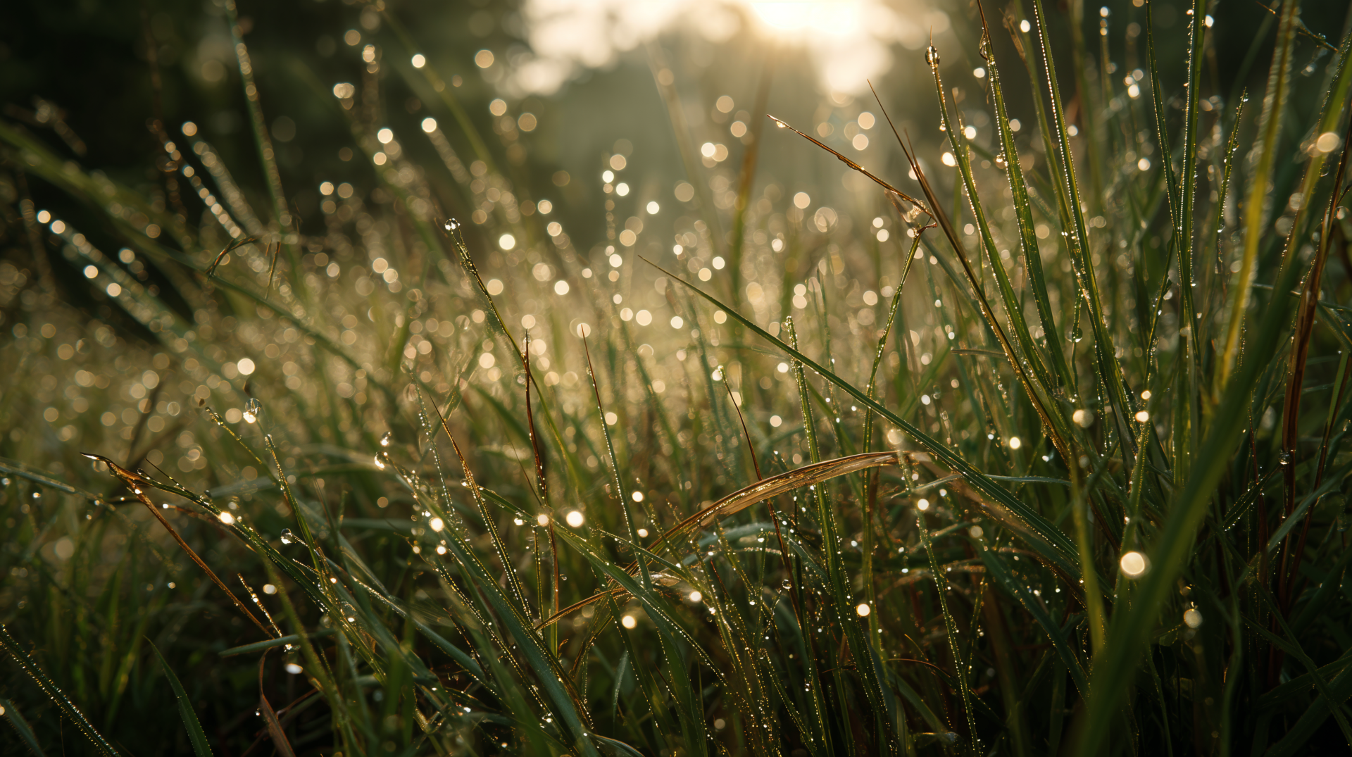 4K Ultra HD PC desktop wallpaper: close-up of grass with morning dew droplets sparkling in soft sunrise light, peaceful nature background.