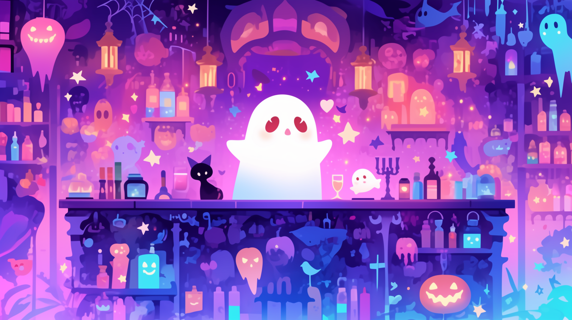 Cute anime-style ghost in a pastel neon Halloween scene with lanterns, jack-o'-lanterns and a black cat — aesthetic AI art, 2K Quad HD PC wallpaper/background.