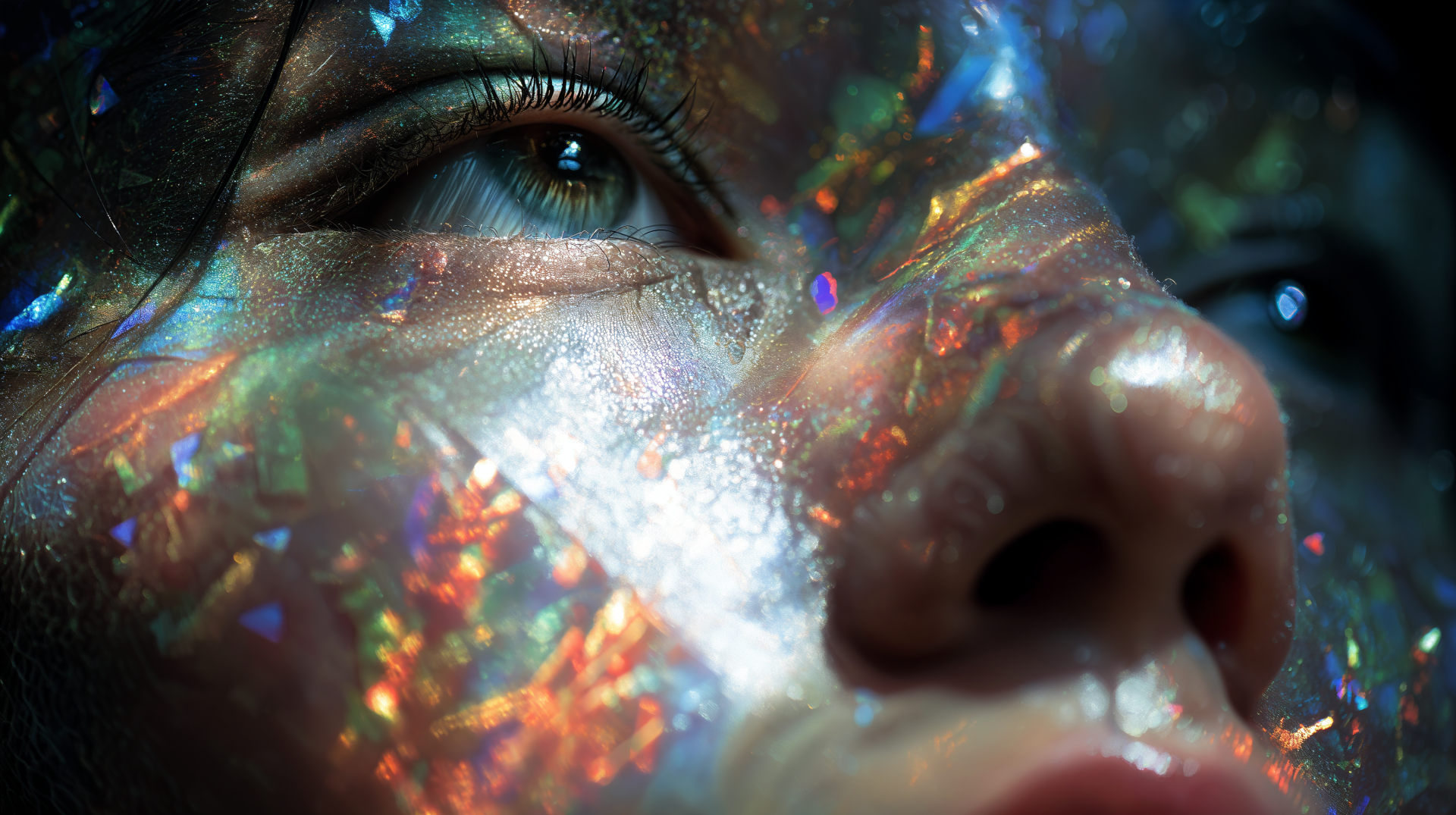 Close-up of a woman's face with iridescent opal-like reflections across her skin, high-detail 4K Ultra HD PC desktop wallpaper background.