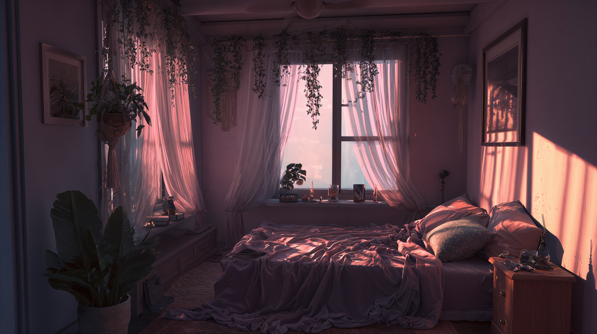 Aesthetic interior bedroom at sunset — soft pink light over a rumpled bed, trailing plants by the window. 4K Ultra HD PC desktop wallpaper and background.