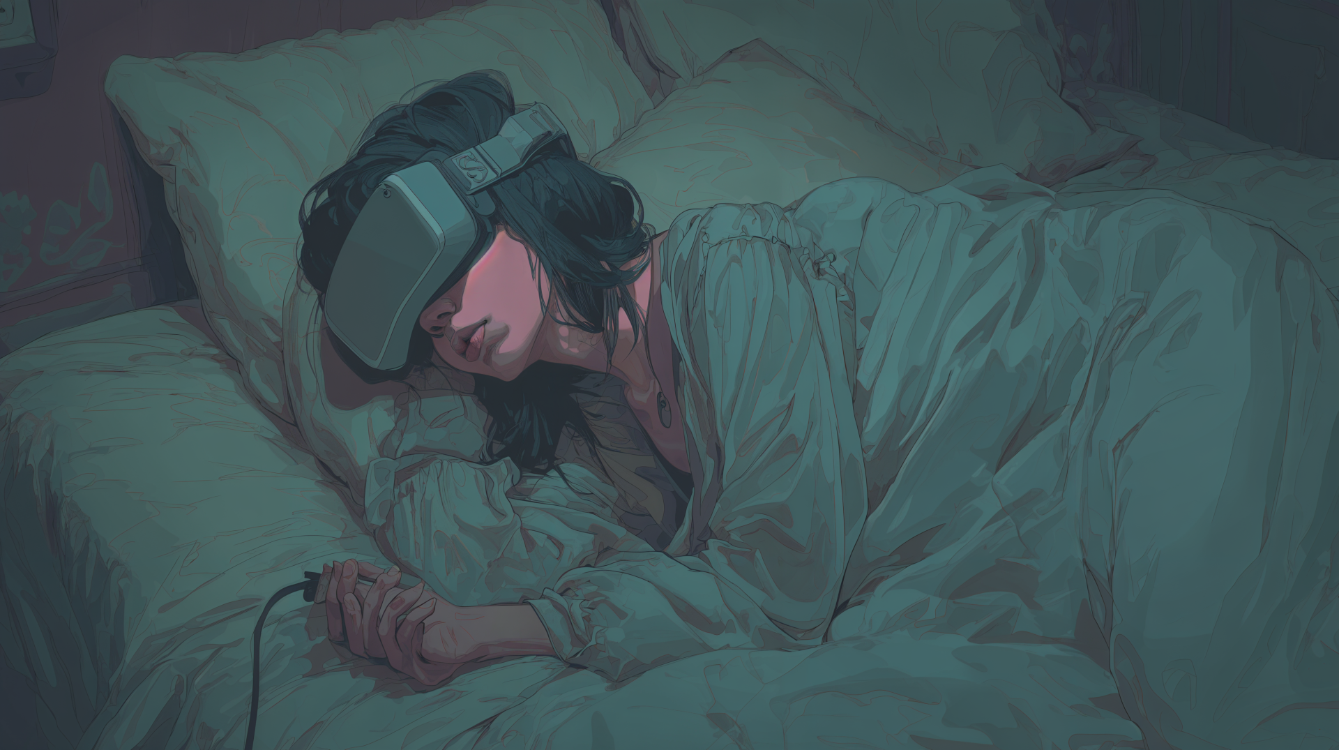 Sleepcore 4K Ultra HD PC desktop wallpaper: stylized teal scene of a person asleep under blankets wearing a VR headset and headphones, hand resting on the sheets.